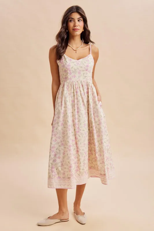 Creme Peony Floral Embroidered Hem Midi Dress made by Inloom