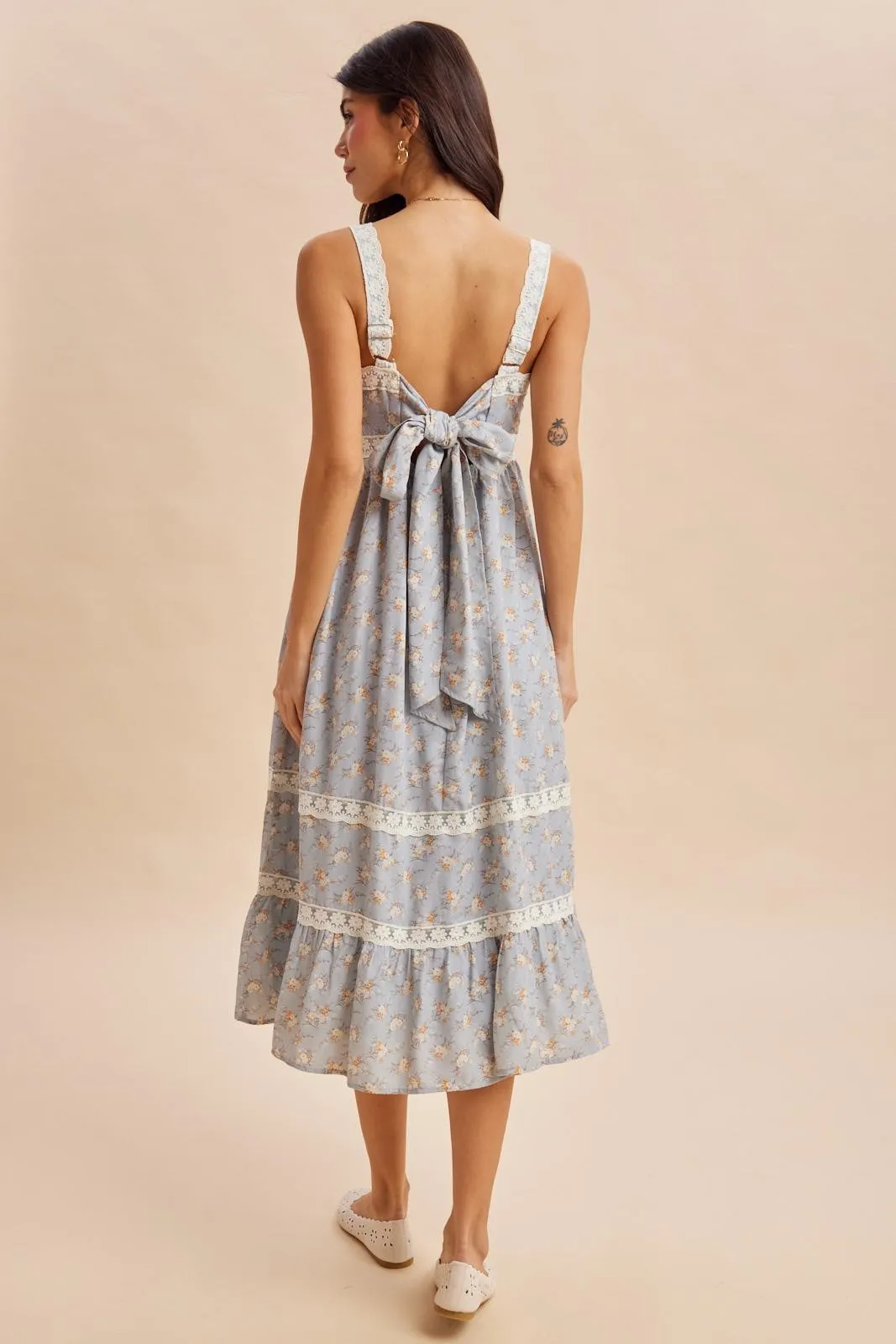 Vintage Blue Lace Floral Tie Back Midi Dress sold by Pinkblush product image thumbnail 4
