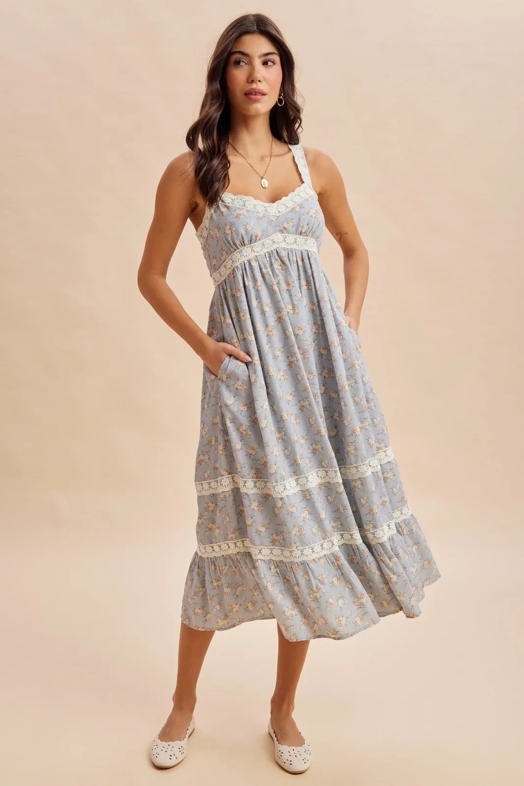 Vintage Blue Lace Floral Tie Back Midi Dress sold by Pinkblush