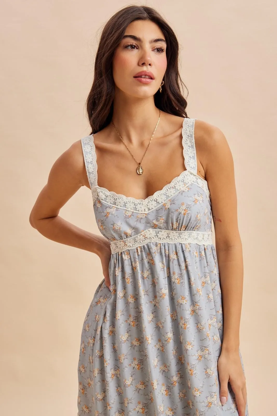 Vintage Blue Lace Floral Tie Back Midi Dress sold by Pinkblush product image thumbnail 5