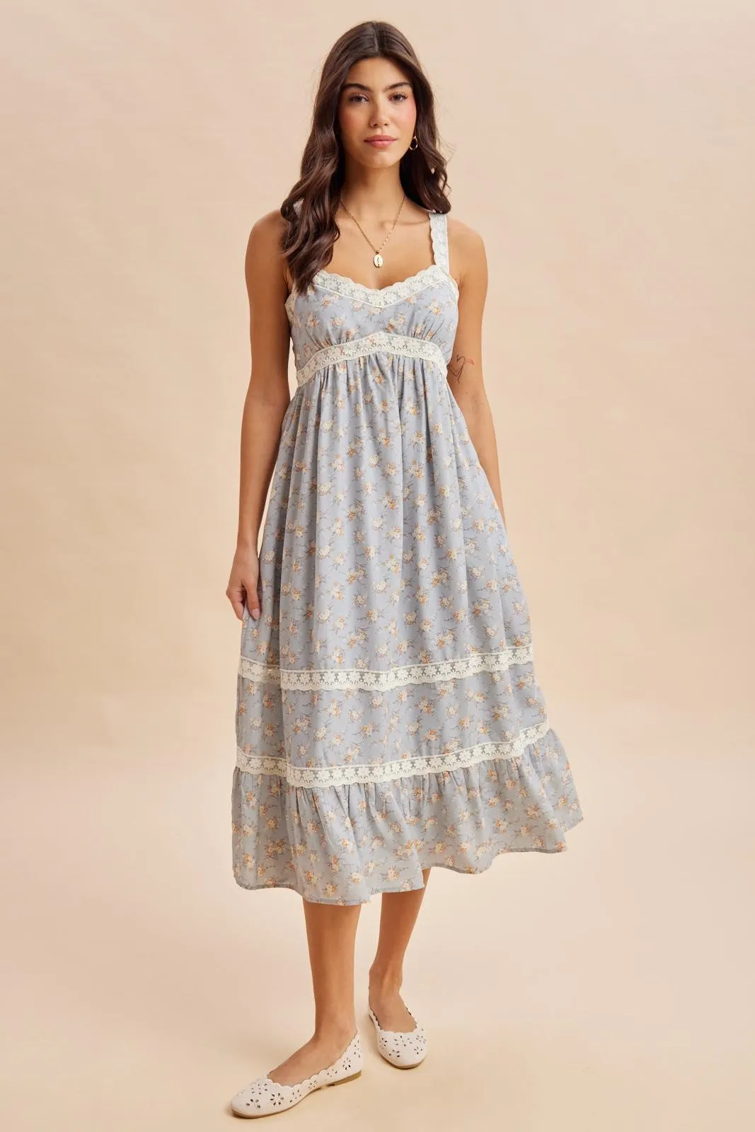 Vintage Blue Lace Floral Tie Back Midi Dress sold by Pinkblush product image thumbnail 2