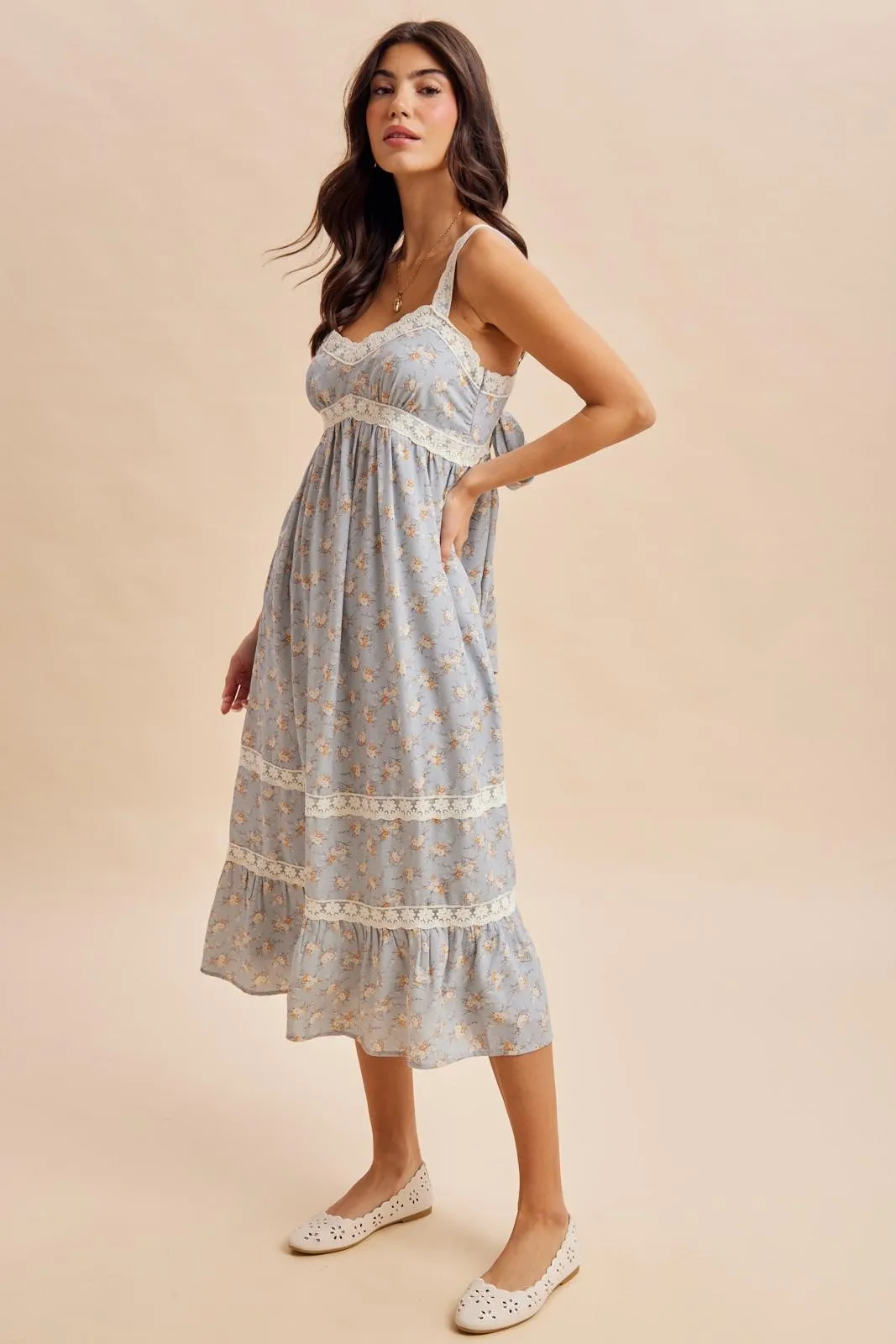 Vintage Blue Lace Floral Tie Back Midi Dress sold by Pinkblush product image thumbnail 3
