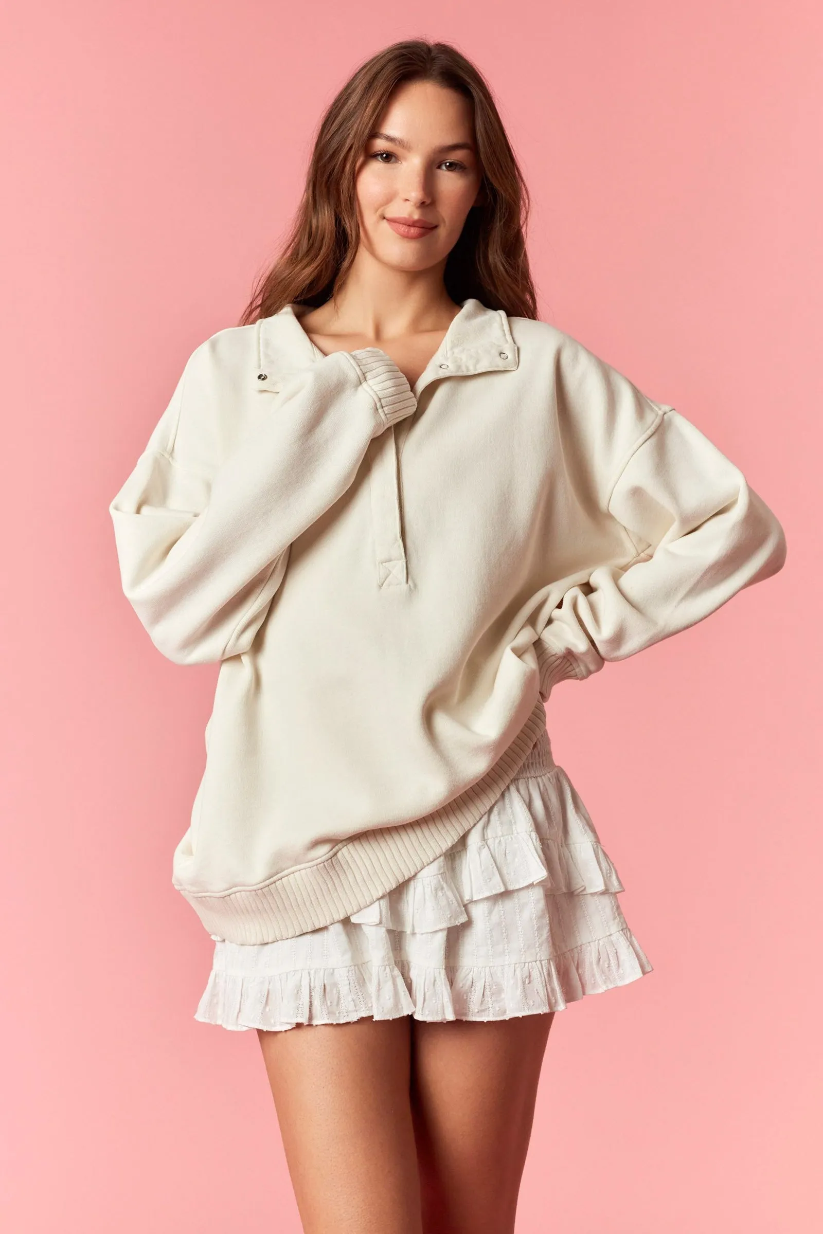 Cream Snap Collar Oversized Sweatshirt sold by Pinkblush