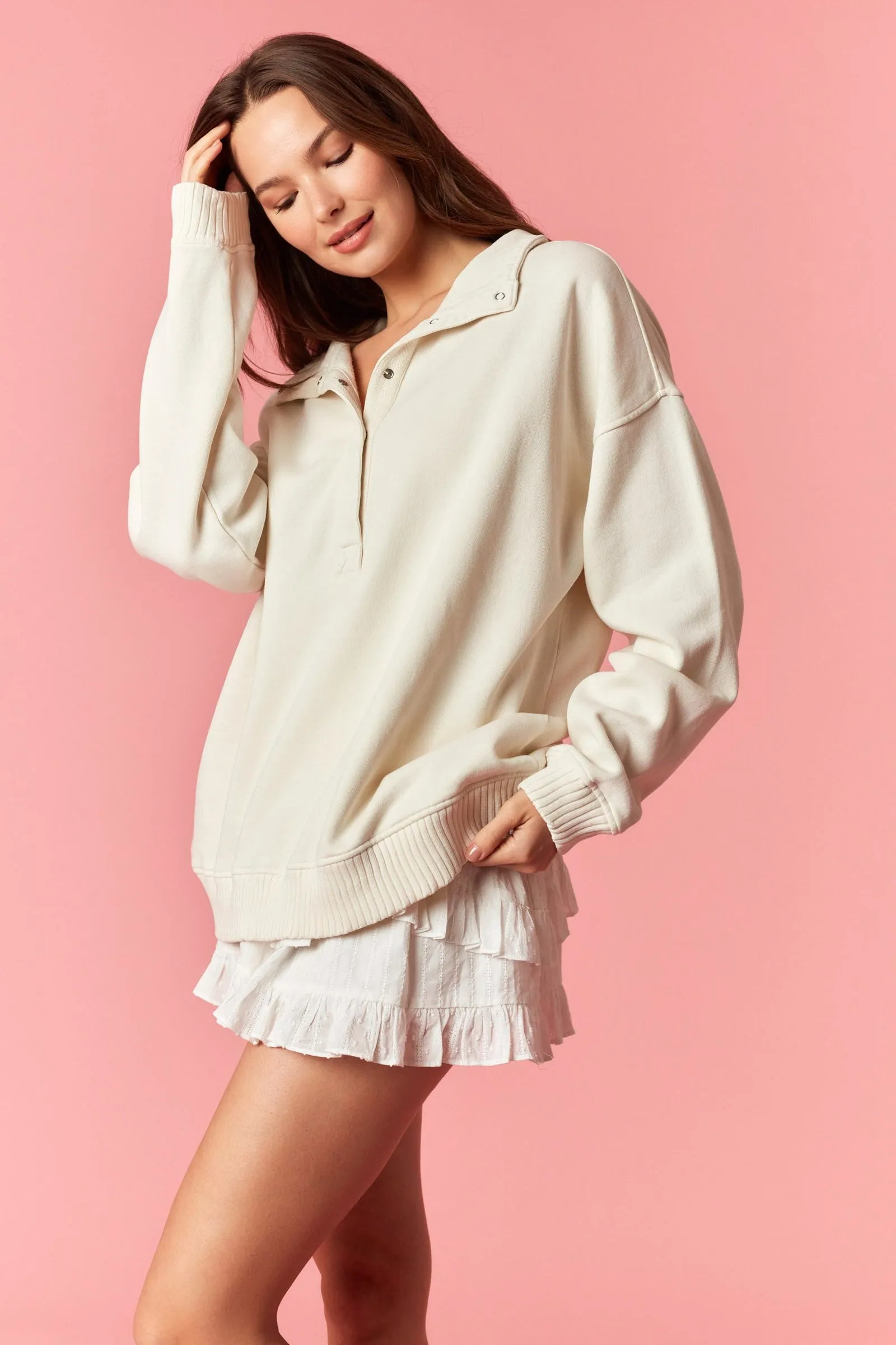 Cream Snap Collar Oversized Sweatshirt sold by Pinkblush product image thumbnail 2