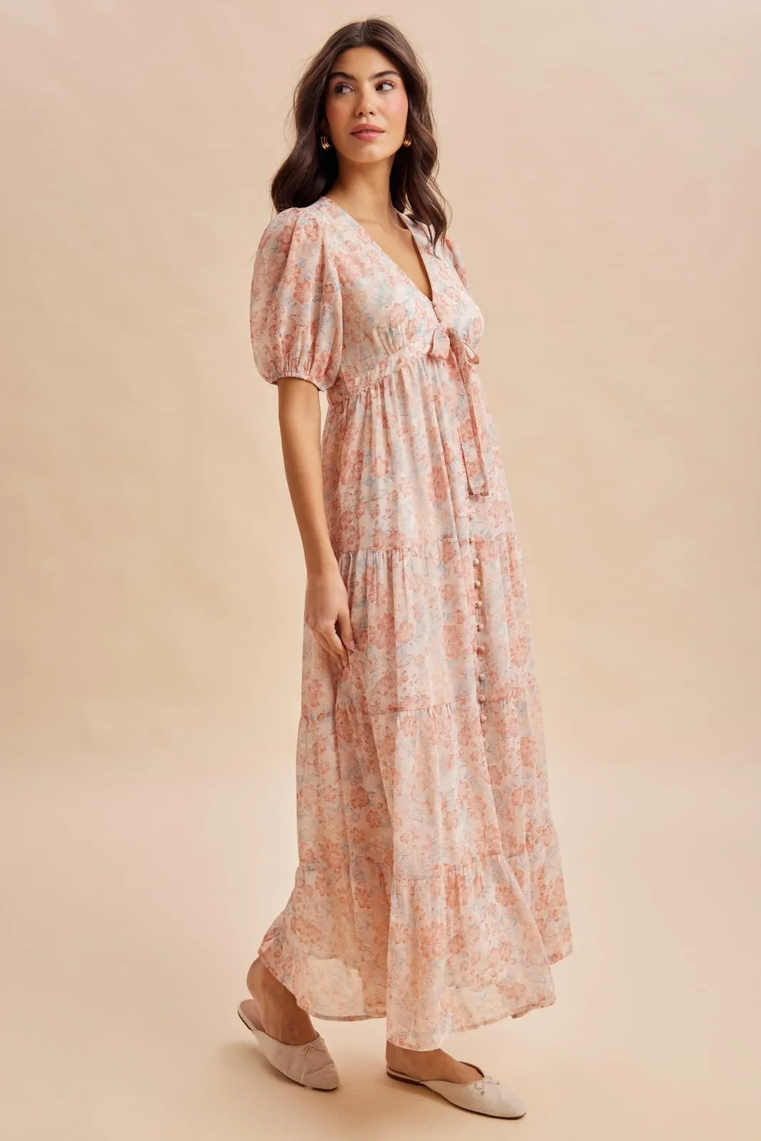 Coral Floral Button Down Front TieMaxi Dress sold by Pinkblush product image thumbnail 3