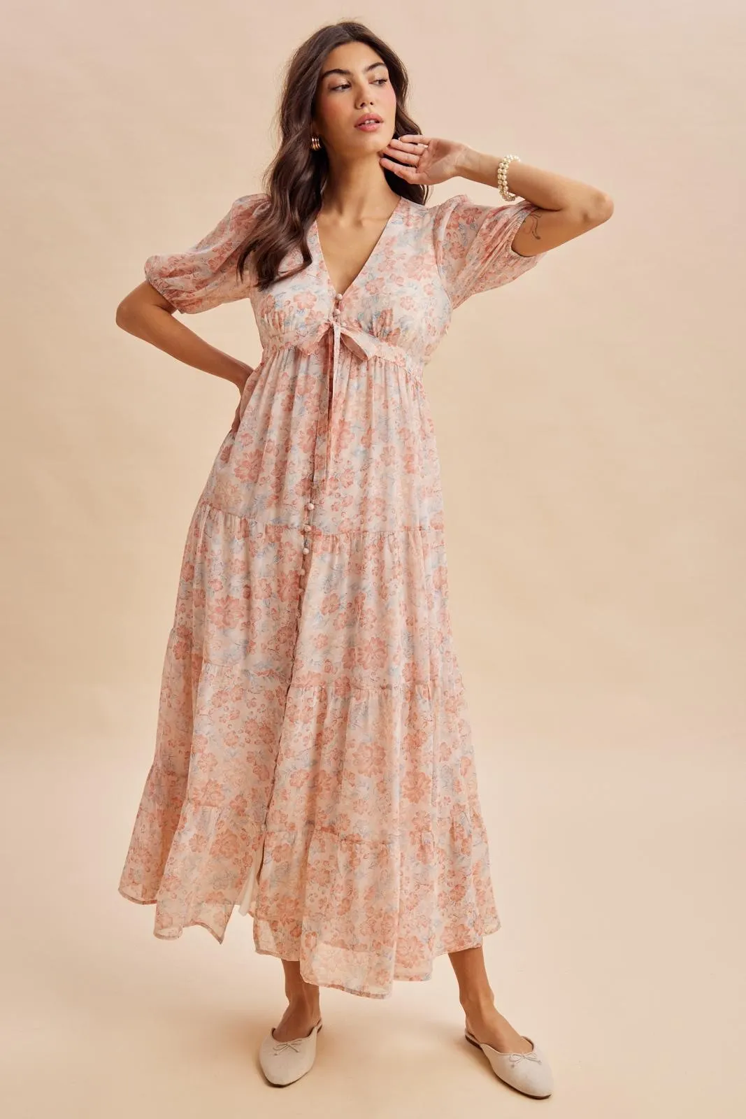 Coral Floral Button Down Front TieMaxi Dress sold by Pinkblush product image thumbnail 2