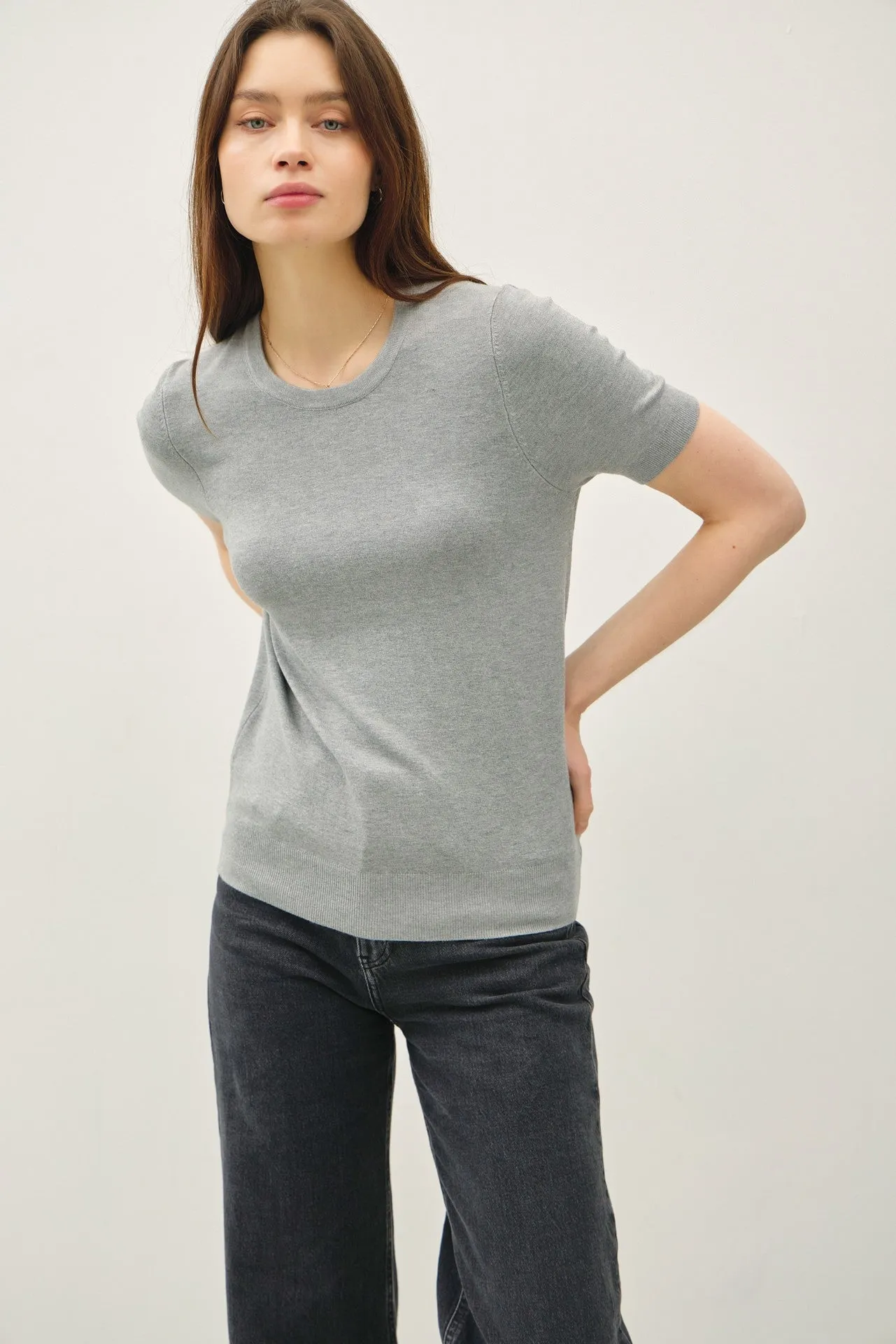 Heather Grey Basic Short Sleeve Sweater Top sold by Pinkblush product image thumbnail 2
