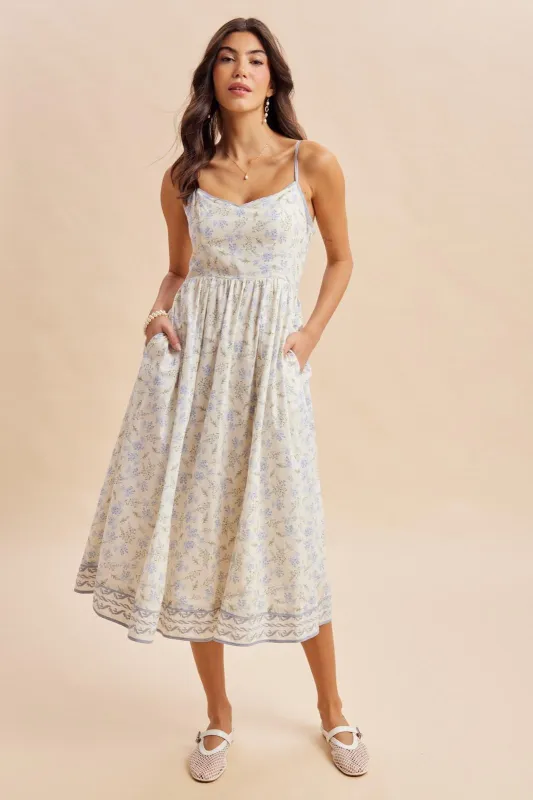 French Blue Floral Embroidered Hem Midi Dress made by Inloom