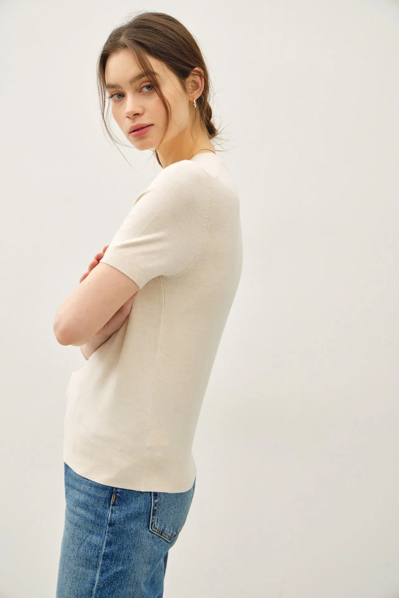 Oatmeal Basic Short Sleeve Sweater Top sold by Pinkblush product image thumbnail 2