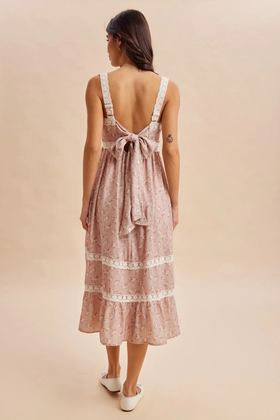 Dusty Pink Lace Floral Tie Back Midi Dress sold by Pinkblush product image thumbnail 4