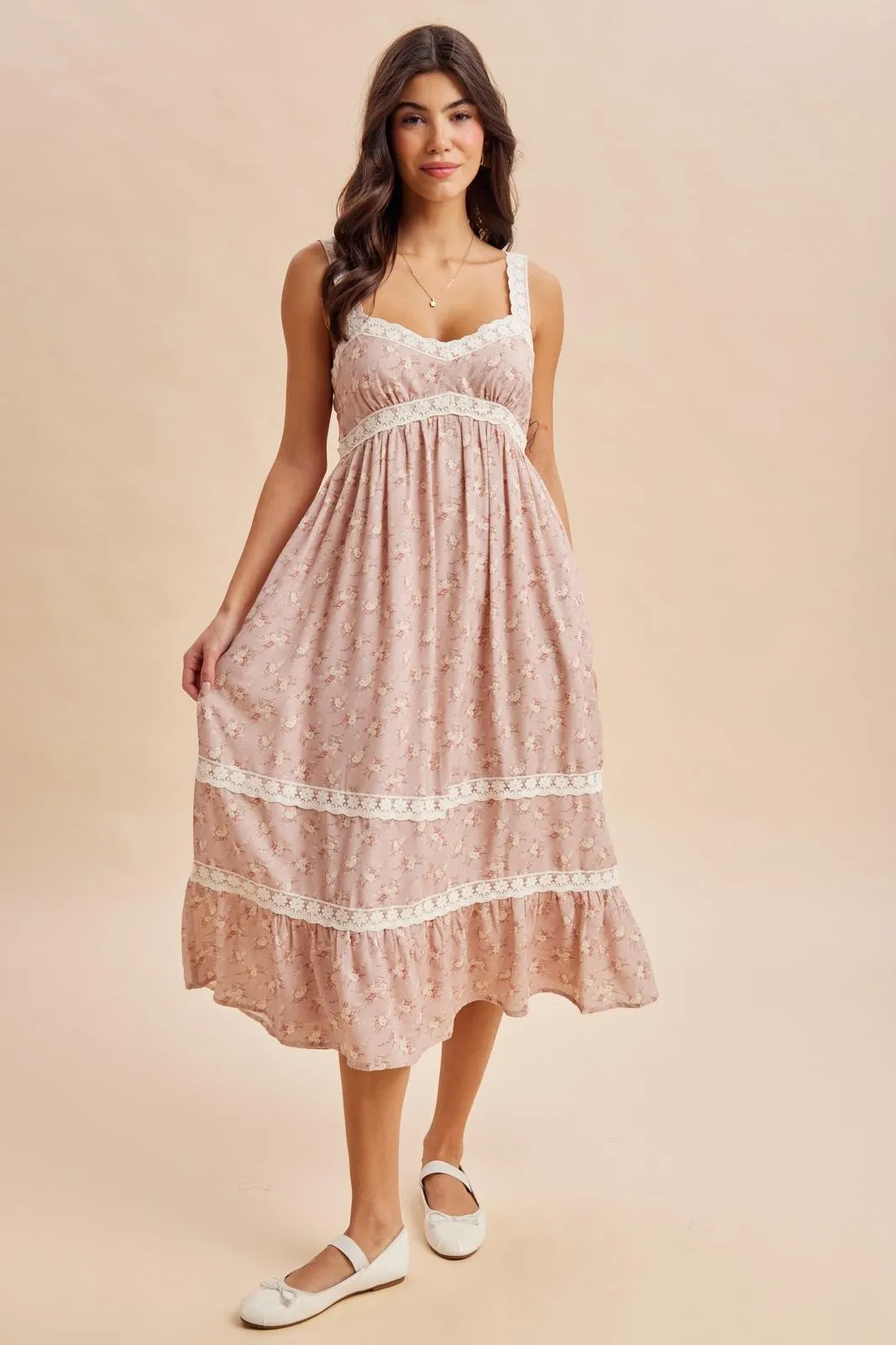 Dusty Pink Lace Floral Tie Back Midi Dress sold by Pinkblush product image thumbnail 2