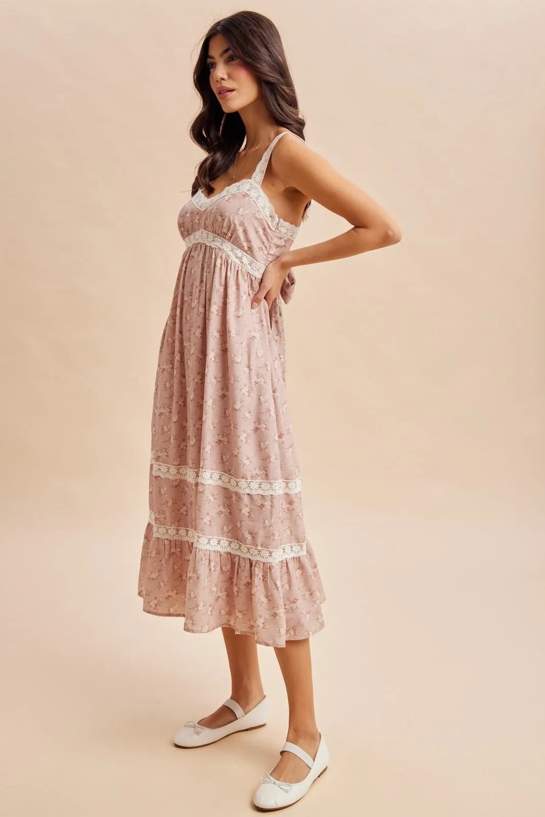 Dusty Pink Lace Floral Tie Back Midi Dress sold by Pinkblush product image thumbnail 3