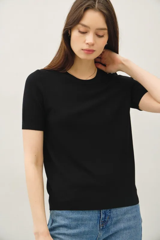 Black Basic Short Sleeve Sweater Top made by BE COOL
