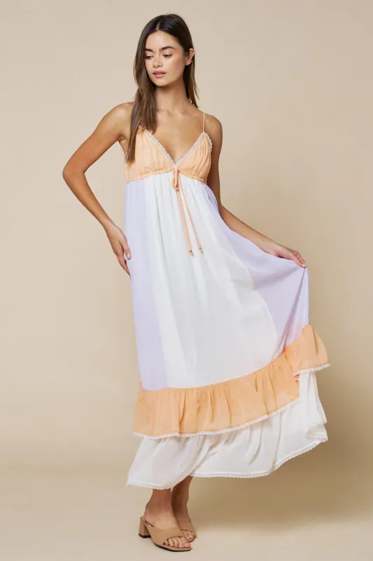 Cream Colorblock Tiered Ruffle Maxi Dress made by Lalavon