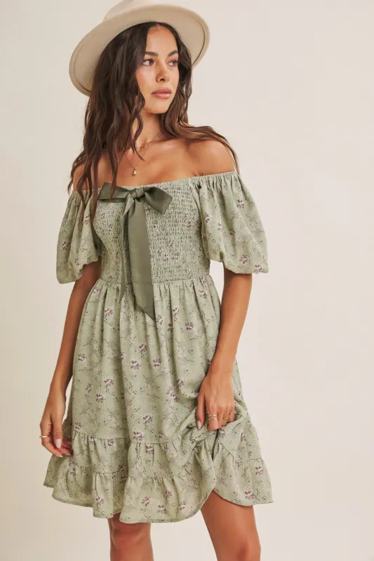 Sage Green Bow Smocked Bubble Sleeve Mini Dress made by In February