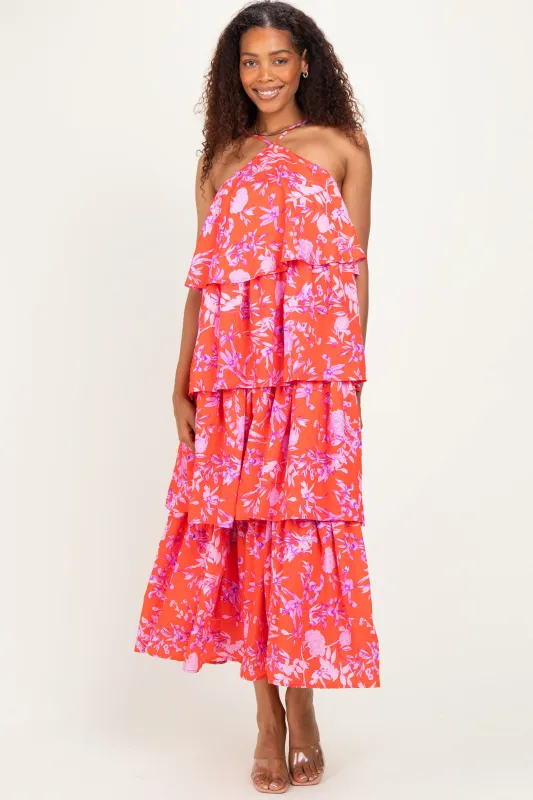 Red Floral Flowy Tiered Maxi Dress made by entro