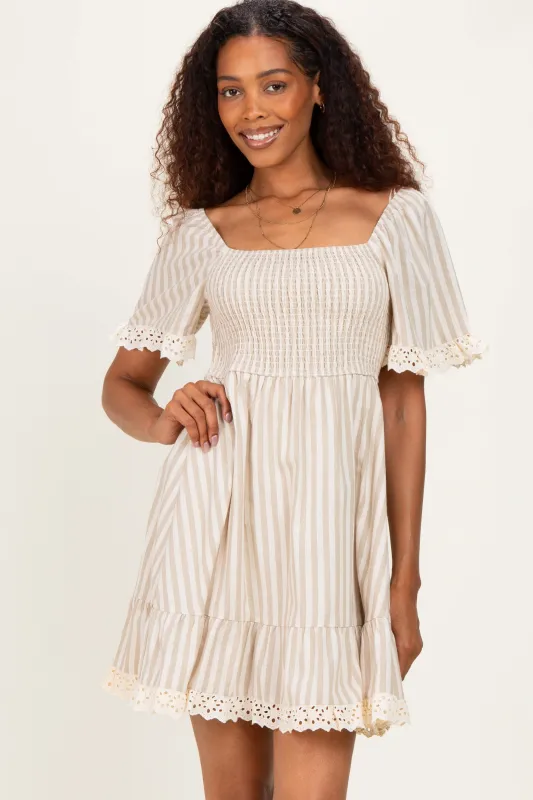 Beige Striped Smocked Lace Trim Dress made by BiBi