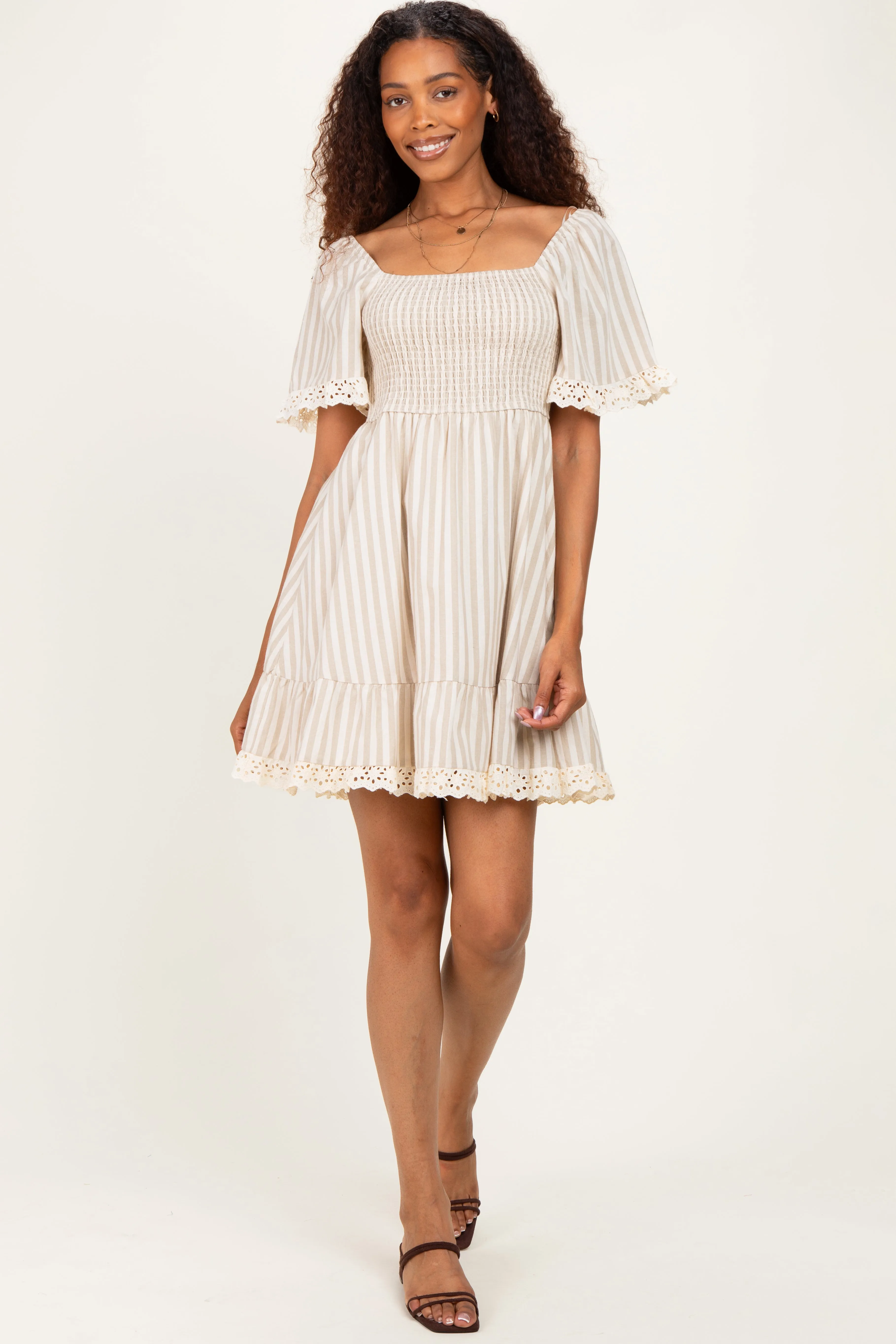 Beige Striped Smocked Lace Trim Dress sold by Pinkblush product image thumbnail 2