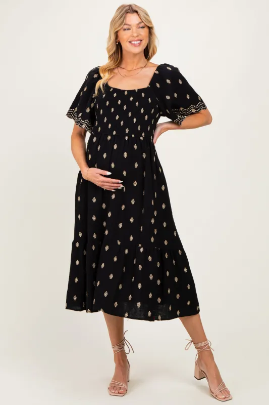 Black Smocked Embroidered Maternity Midi Dress made by JODIFL