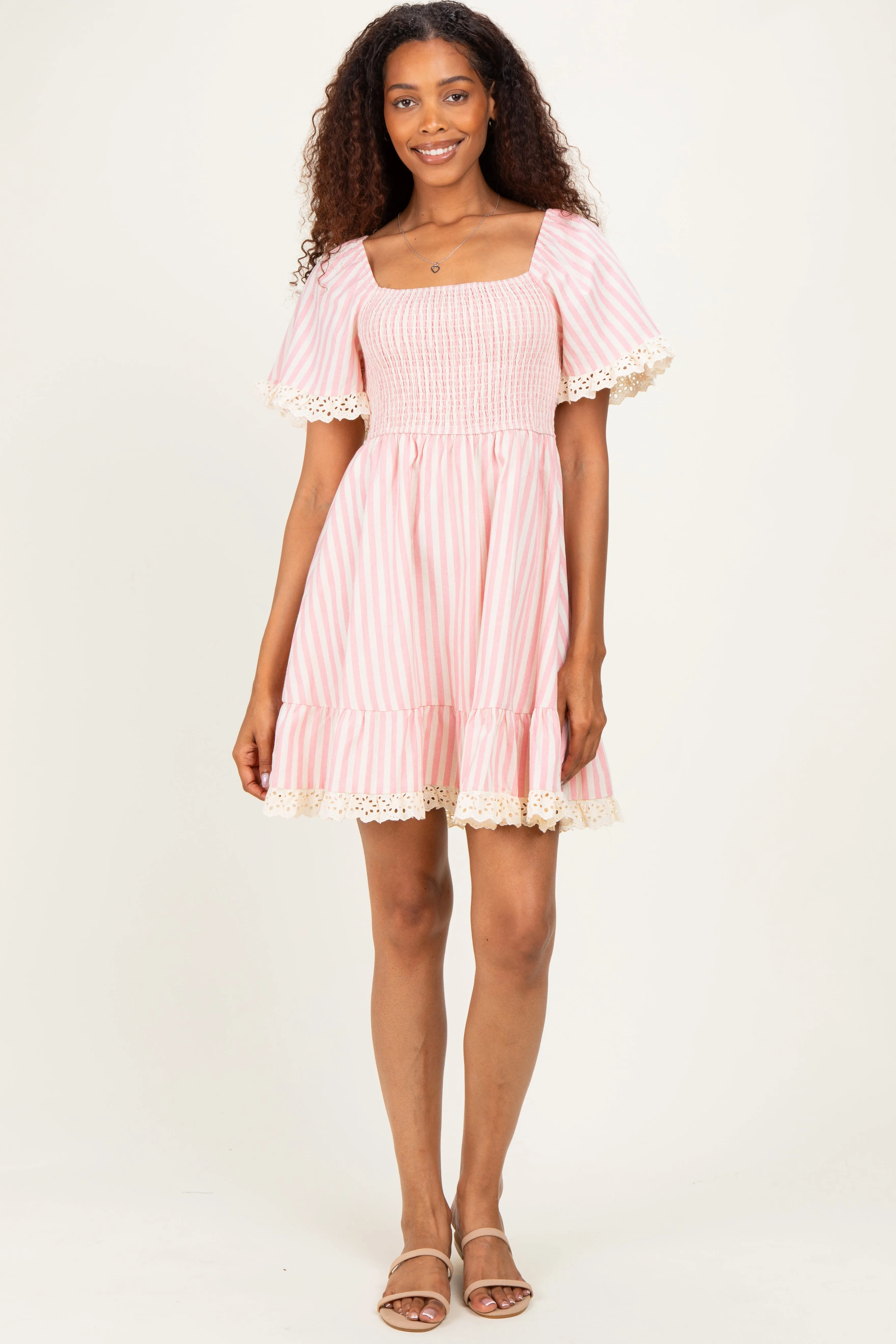 Light Pink Striped Smocked Lace Trim Dress sold by Pinkblush product image thumbnail 2