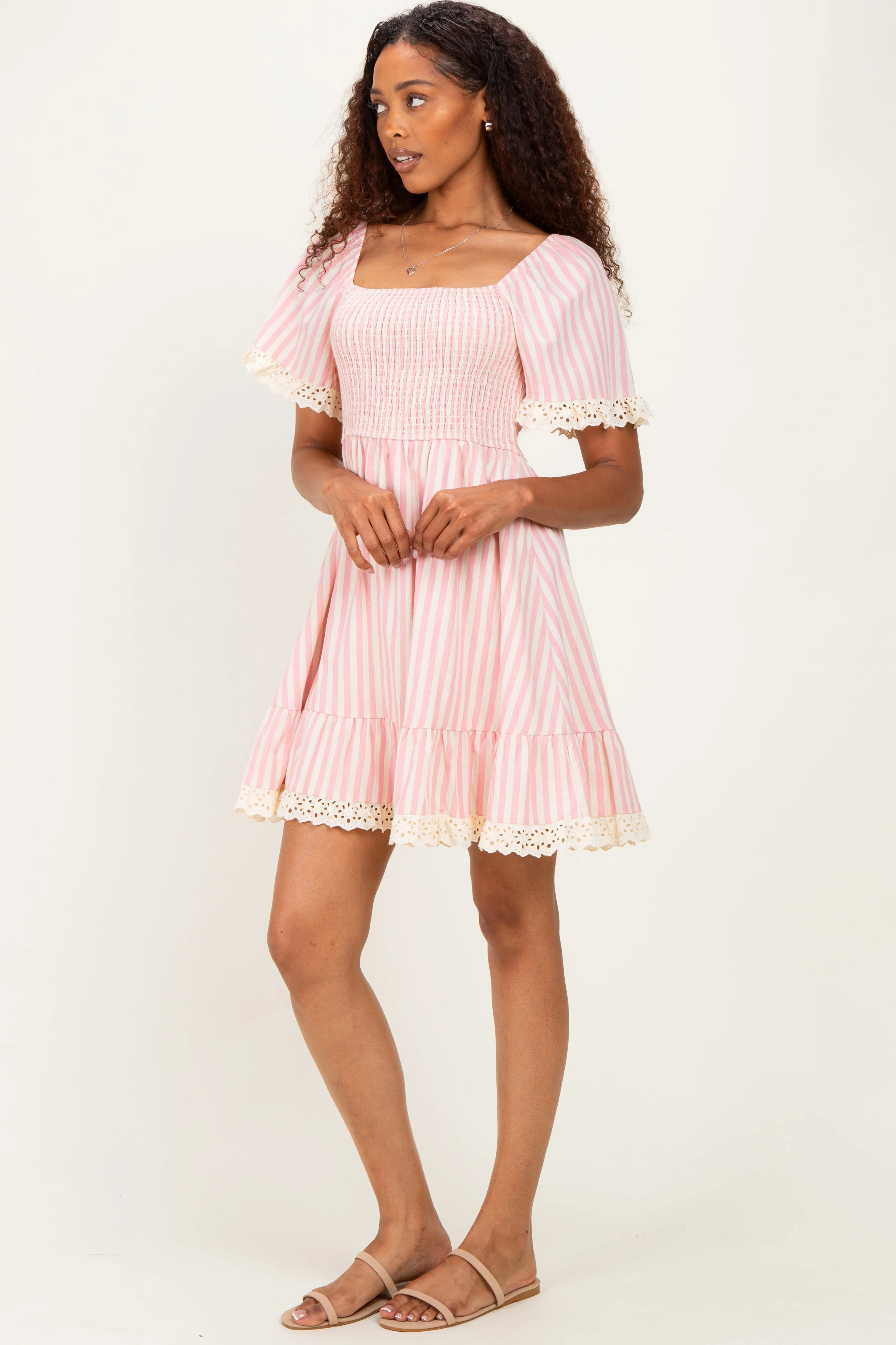 Light Pink Striped Smocked Lace Trim Dress sold by Pinkblush product image thumbnail 3