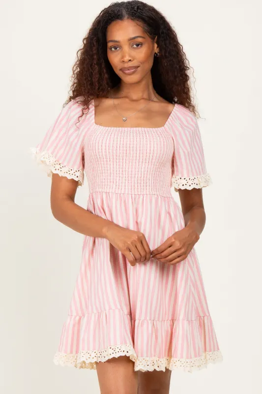 Light Pink Striped Smocked Lace Trim Dress made by BiBi