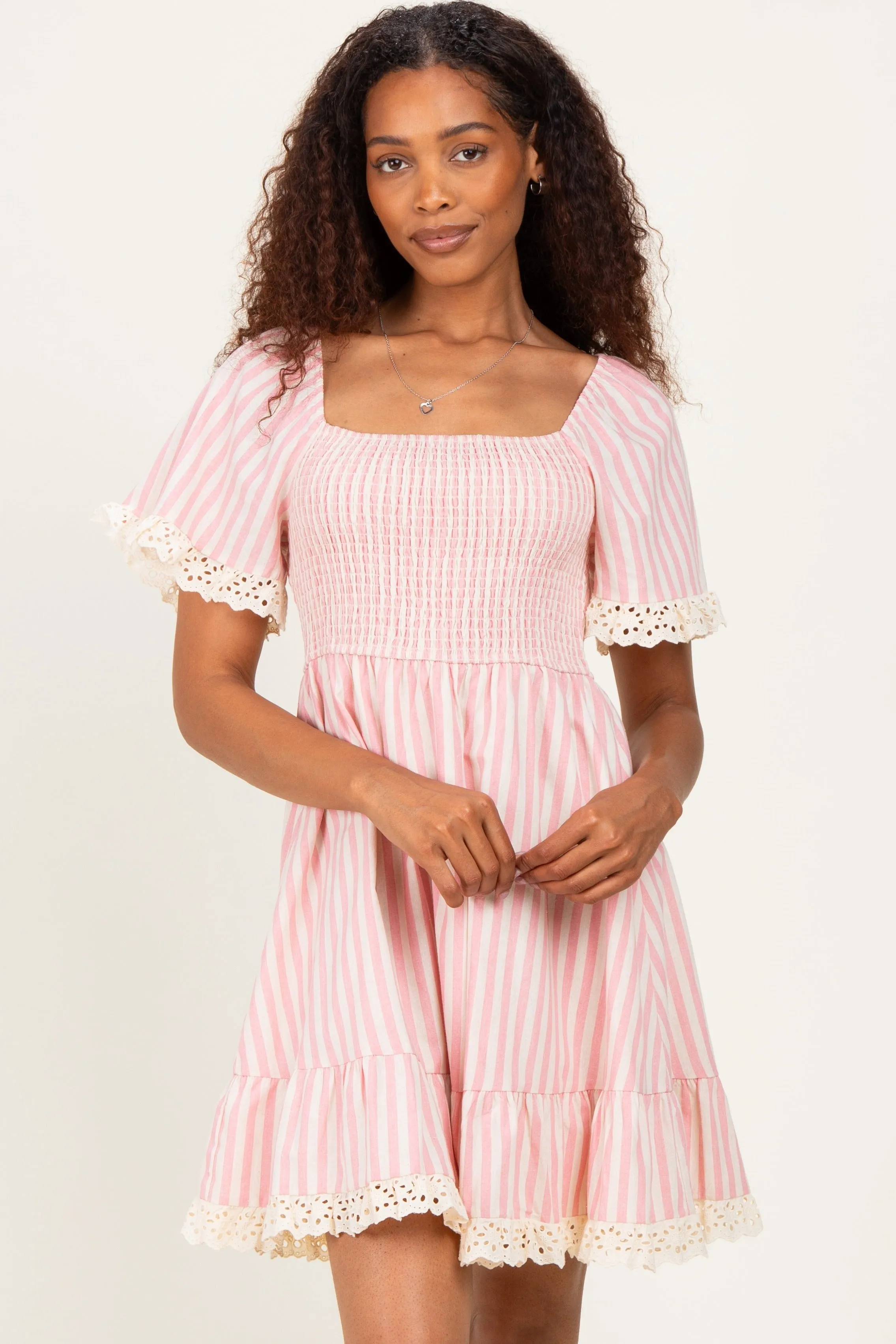 Light Pink Striped Smocked Lace Trim Dress sold by Pinkblush