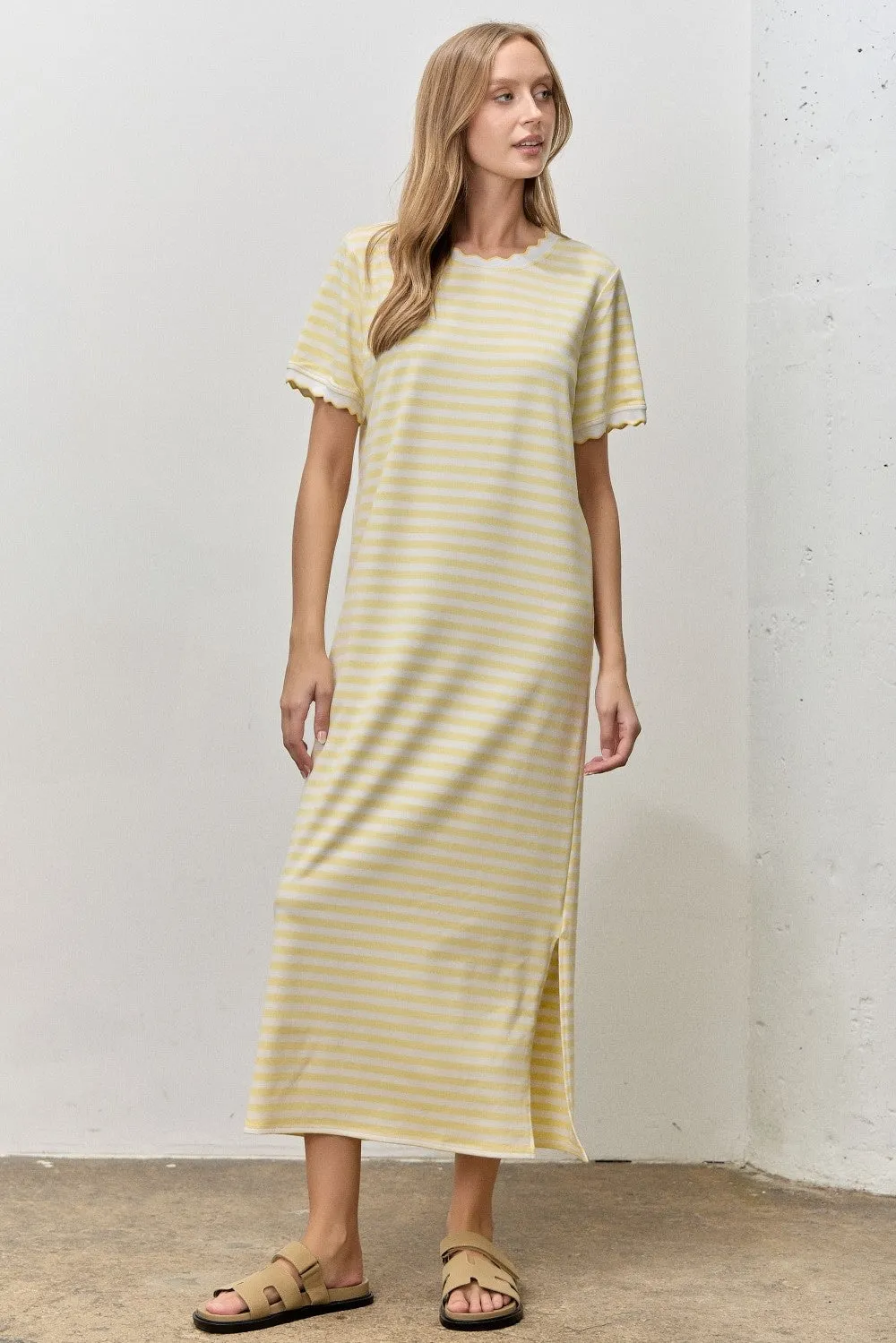 Butter Yellow Striped Scallop Trim Short Sleeve Maxi Dress sold by Pinkblush