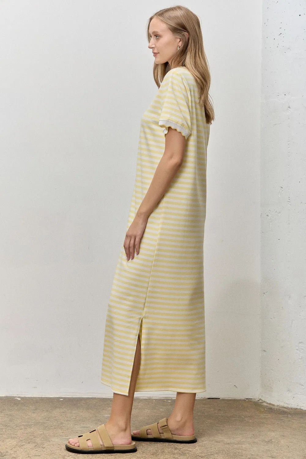 Butter Yellow Striped Scallop Trim Short Sleeve Maxi Dress sold by Pinkblush product image thumbnail 2