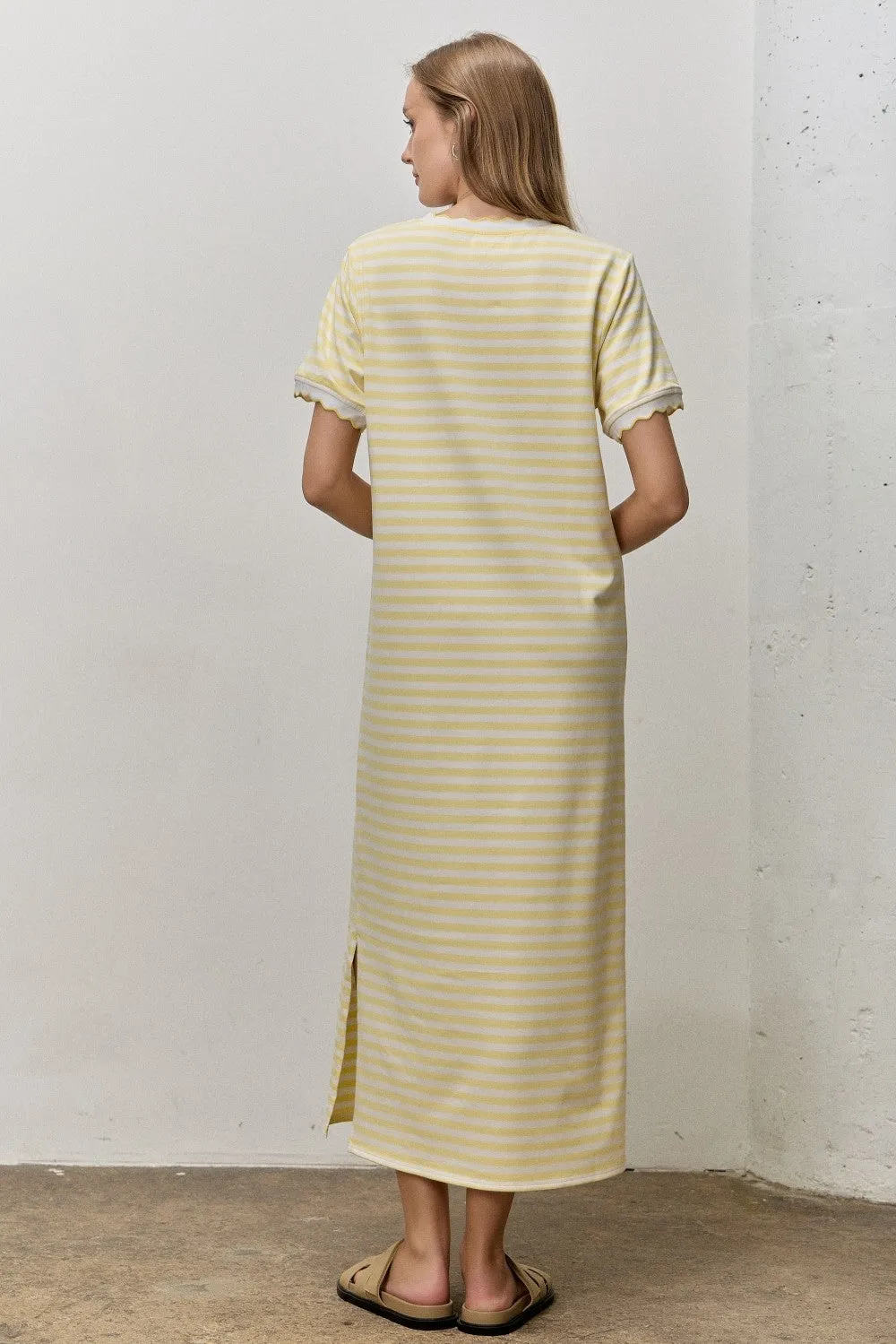 Butter Yellow Striped Scallop Trim Short Sleeve Maxi Dress sold by Pinkblush product image thumbnail 3