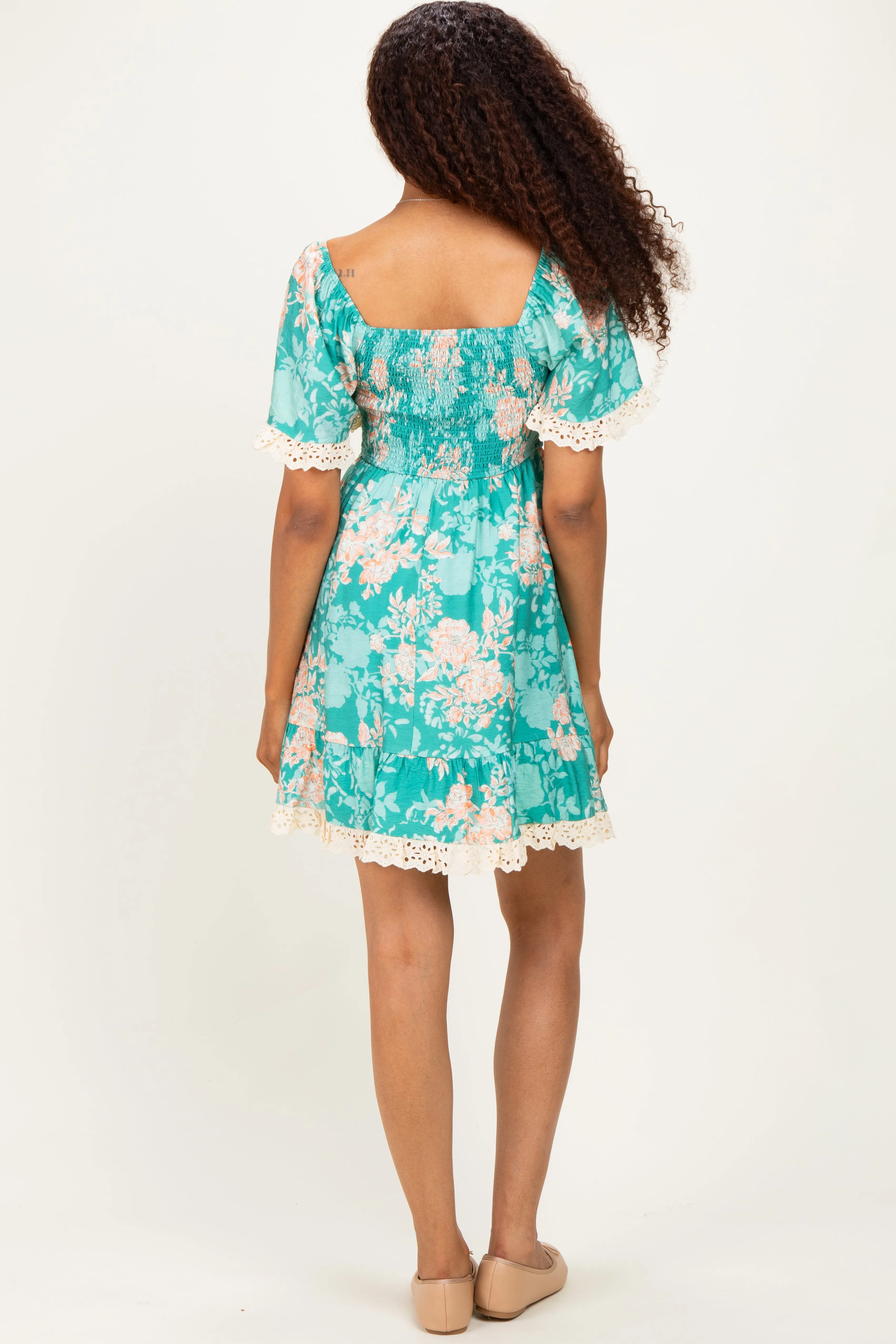 Jade Floral Smocked Lace Trim Dress sold by Pinkblush product image thumbnail 4