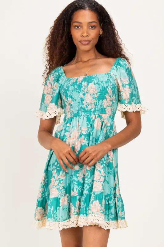 Jade Floral Smocked Lace Trim Dress made by BiBi