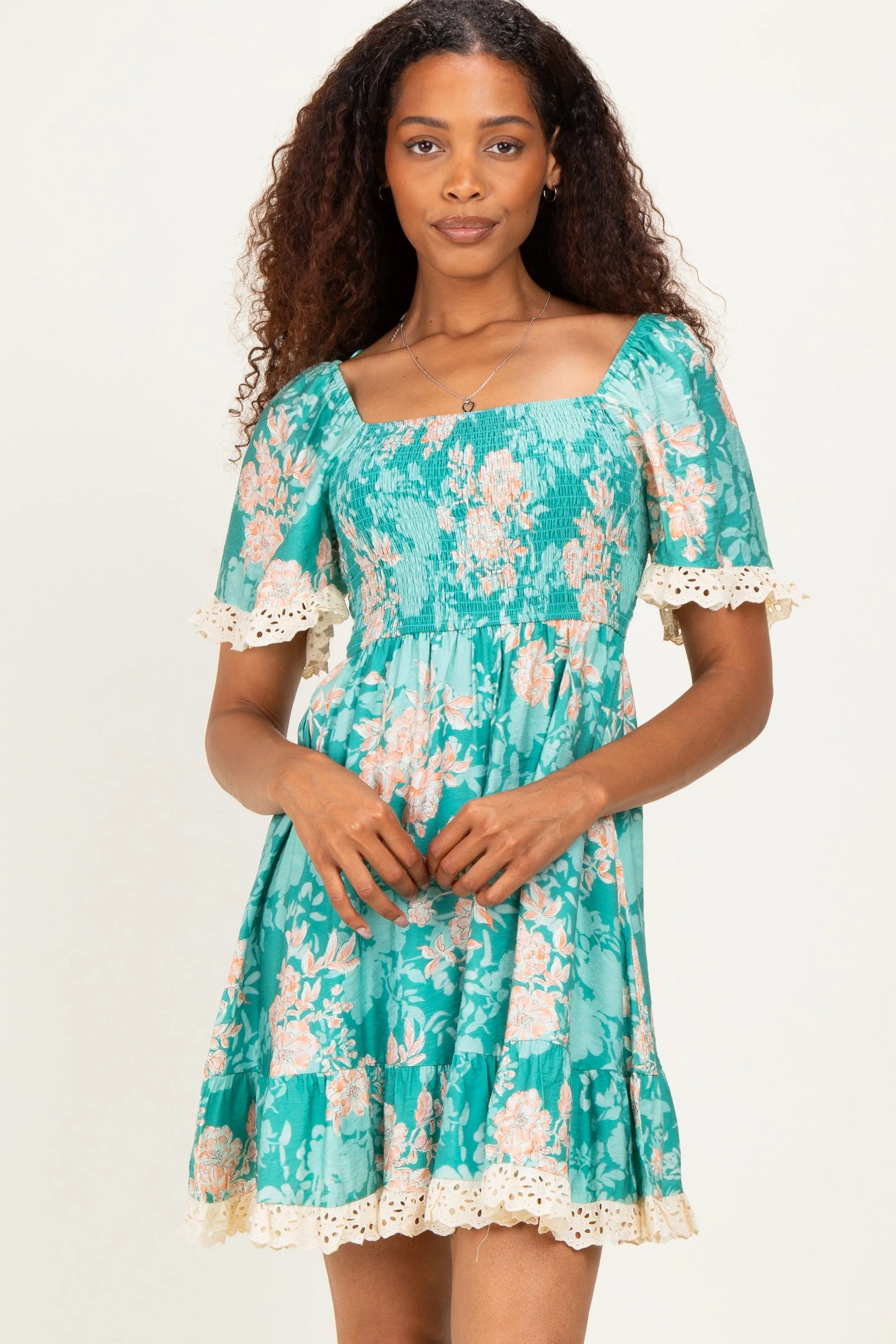 Jade Floral Smocked Lace Trim Dress sold by Pinkblush