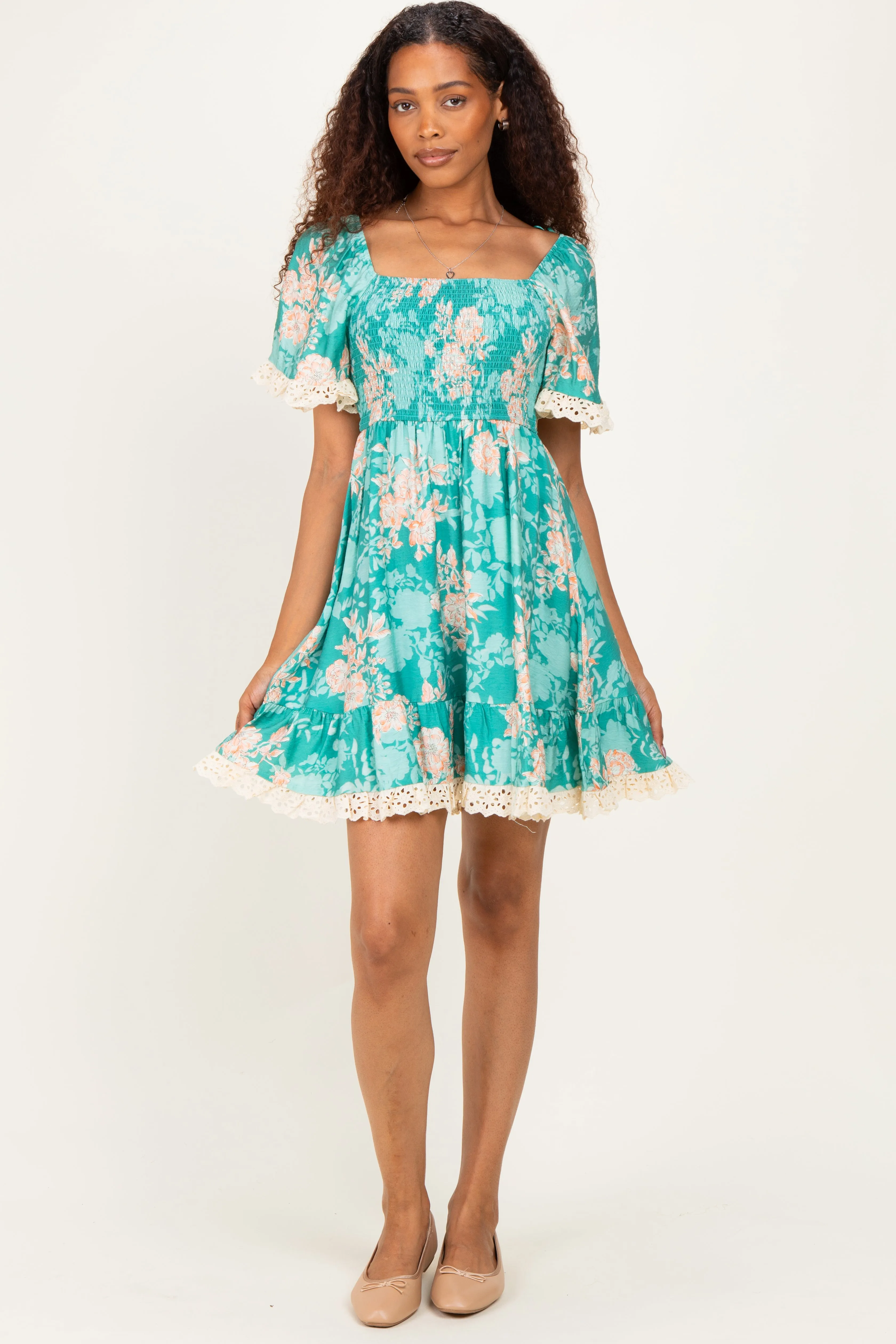 Jade Floral Smocked Lace Trim Dress sold by Pinkblush product image thumbnail 2