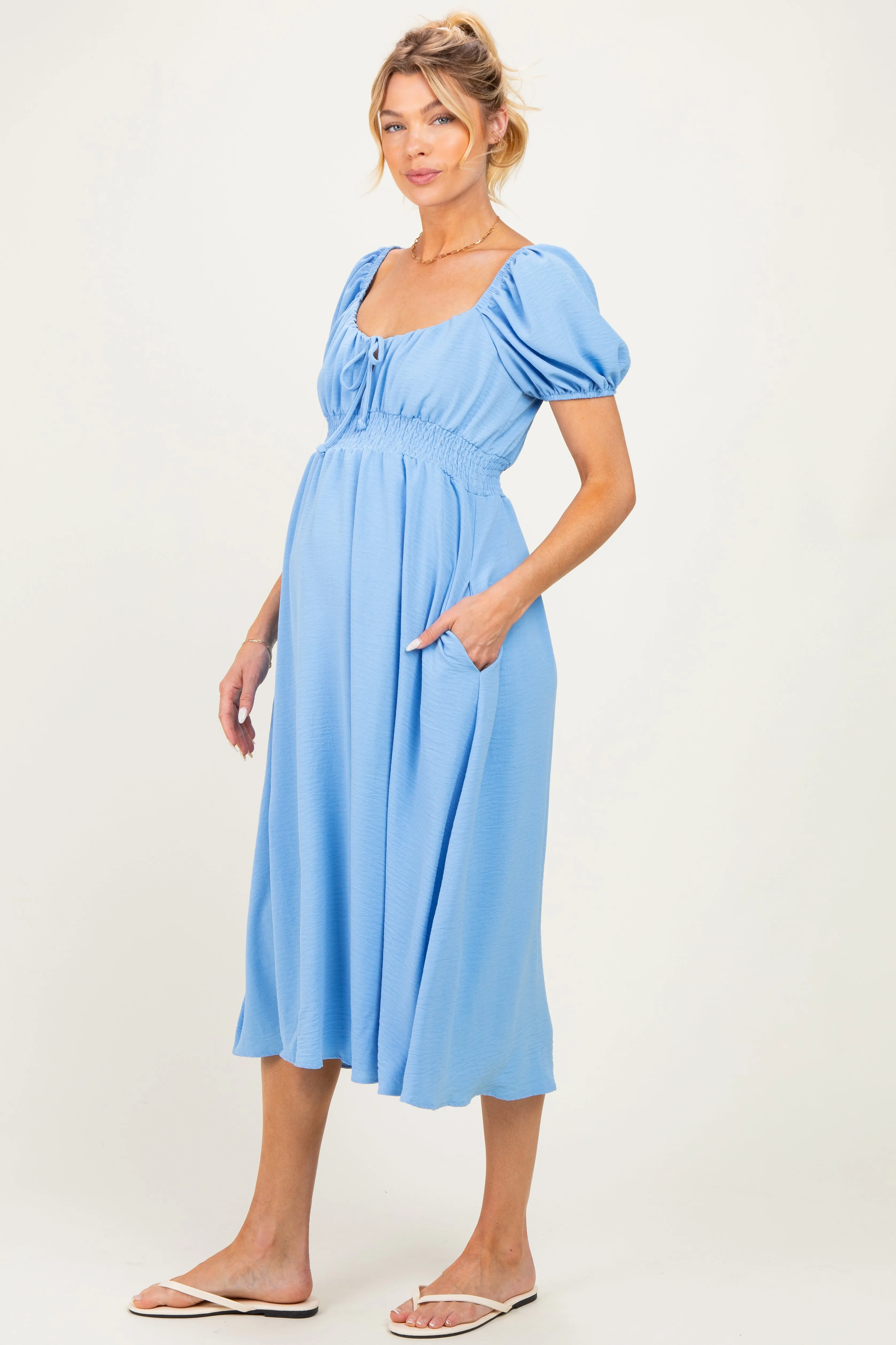 Light Blue Smocked Waist Short Sleeve Maternity Midi Dress sold by Pinkblush product image thumbnail 2