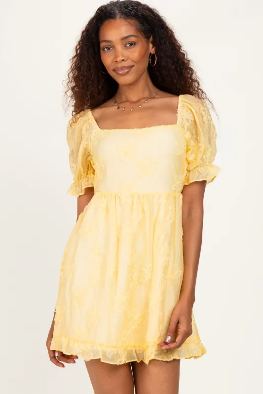 Yellow Floral Applique Puff Sleeve Mini Dress made by Aakaa