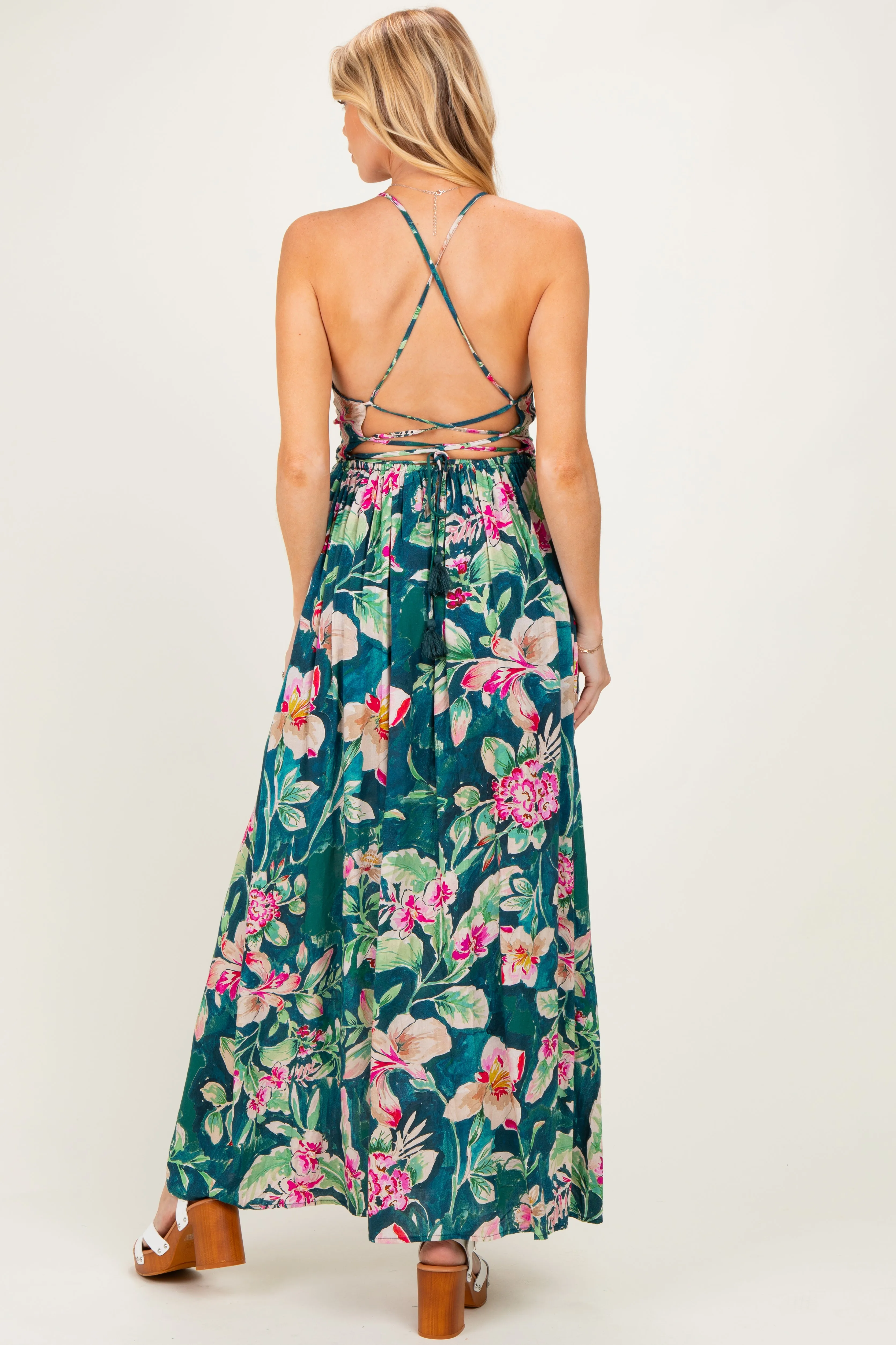 Deep Teal Floral Front Knot Open Back Maternity Maxi Dress sold by Pinkblush product image thumbnail 3
