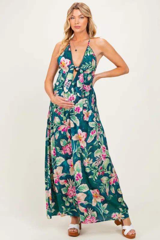 Deep Teal Floral Front Knot Open Back Maternity Maxi Dress made by Dress Forum