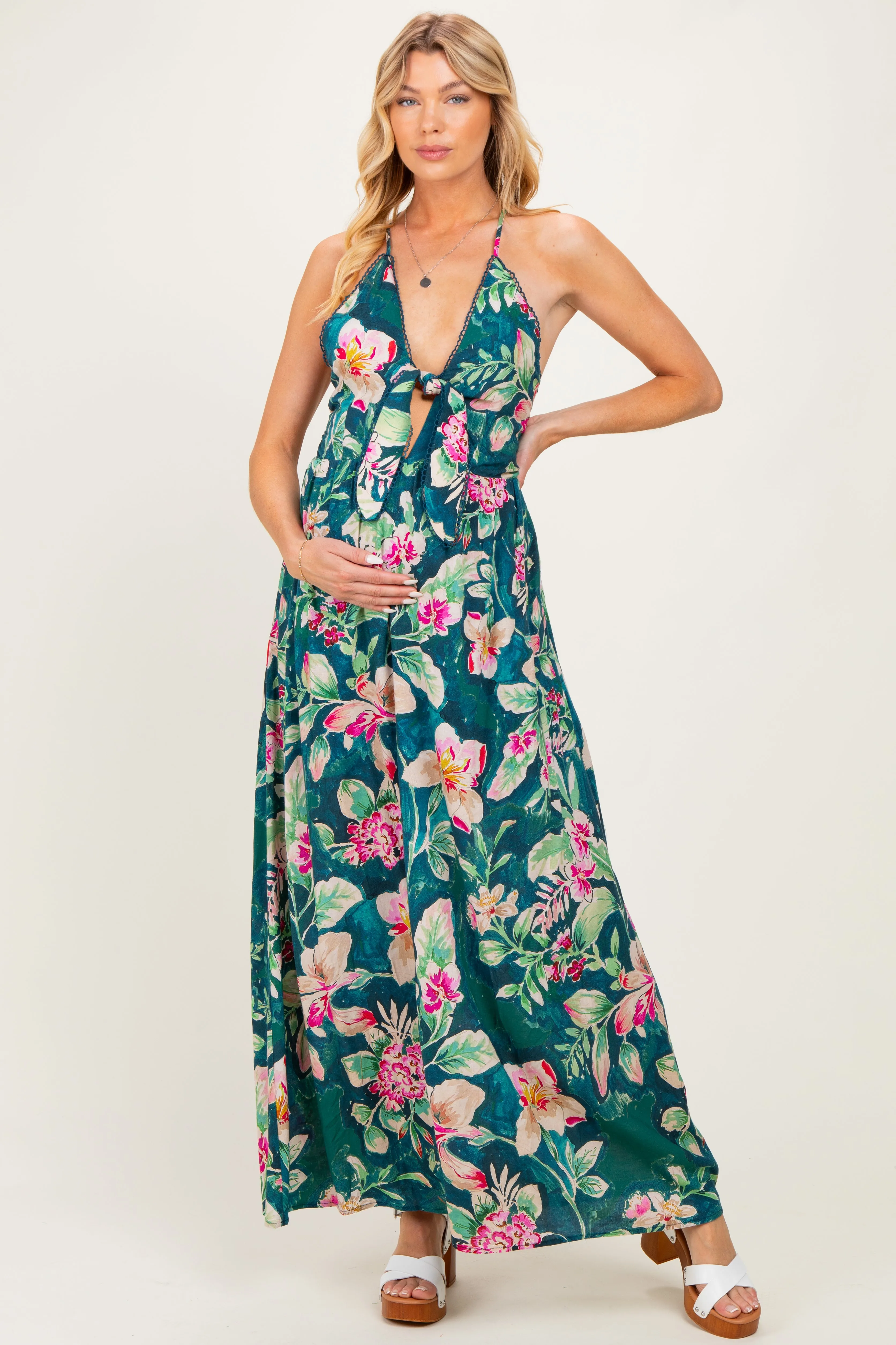 Deep Teal Floral Front Knot Open Back Maternity Maxi Dress sold by Pinkblush