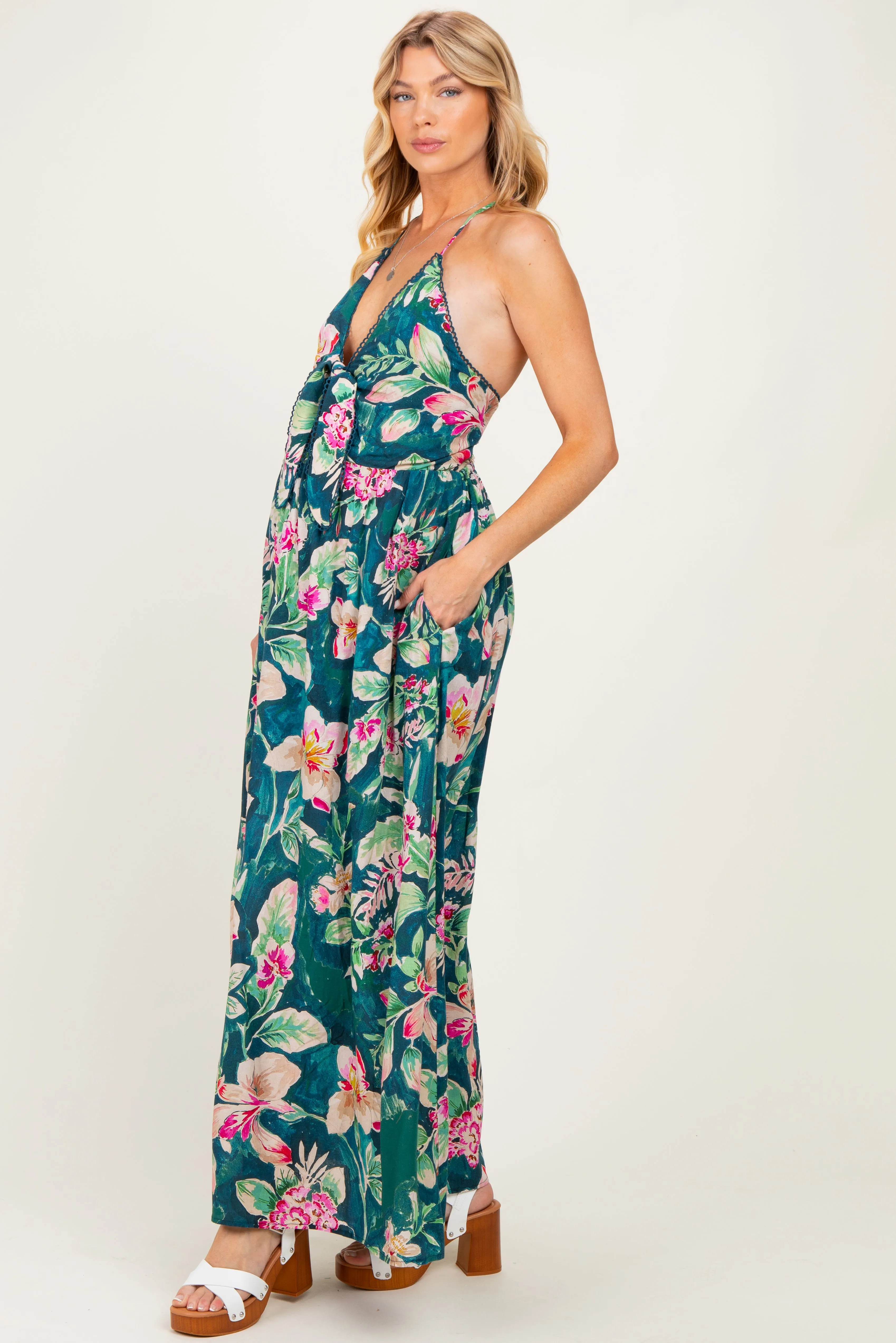 Deep Teal Floral Front Knot Open Back Maternity Maxi Dress sold by Pinkblush product image thumbnail 2