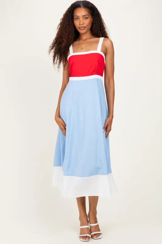 Red Blue Colorblock Sleeveless Midi Dress made by entro