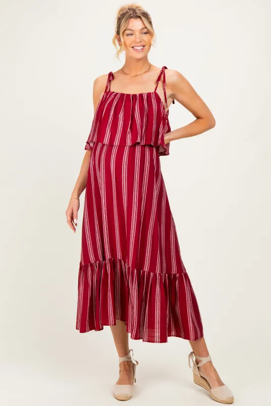 Red Striped Flounce Shoulder Tie Maternity Midi Dress made by So Me