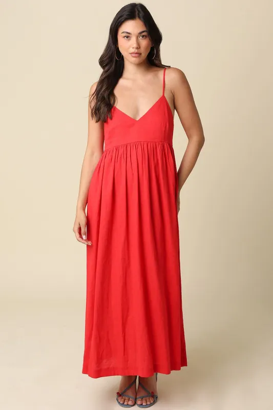 Red Linen Blend Sleeveless Maxi Dress made by Olivaceous