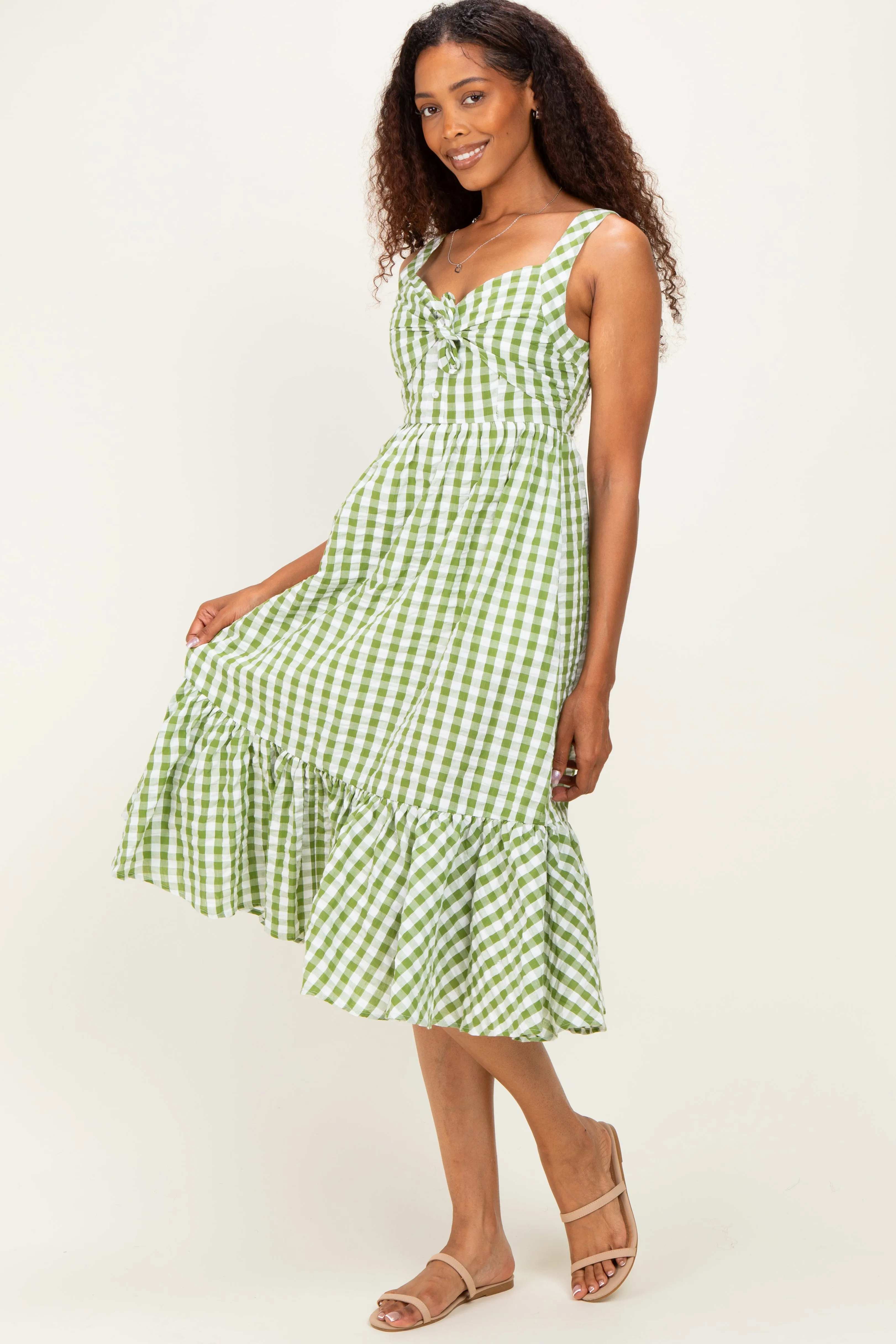 Green Gingham Front Tie Halter Midi Dress sold by Pinkblush product image thumbnail 2