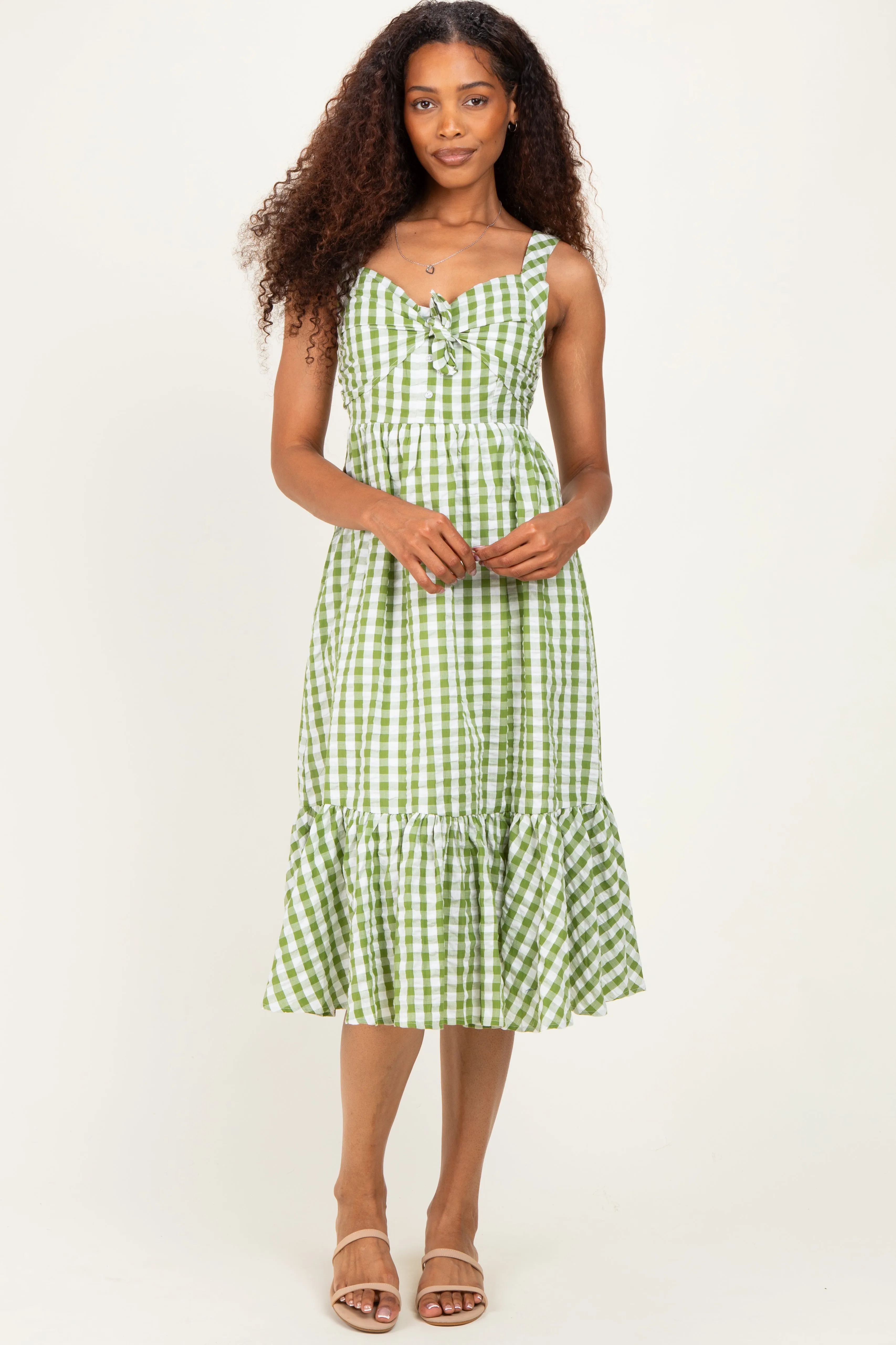 Green Gingham Front Tie Halter Midi Dress sold by Pinkblush
