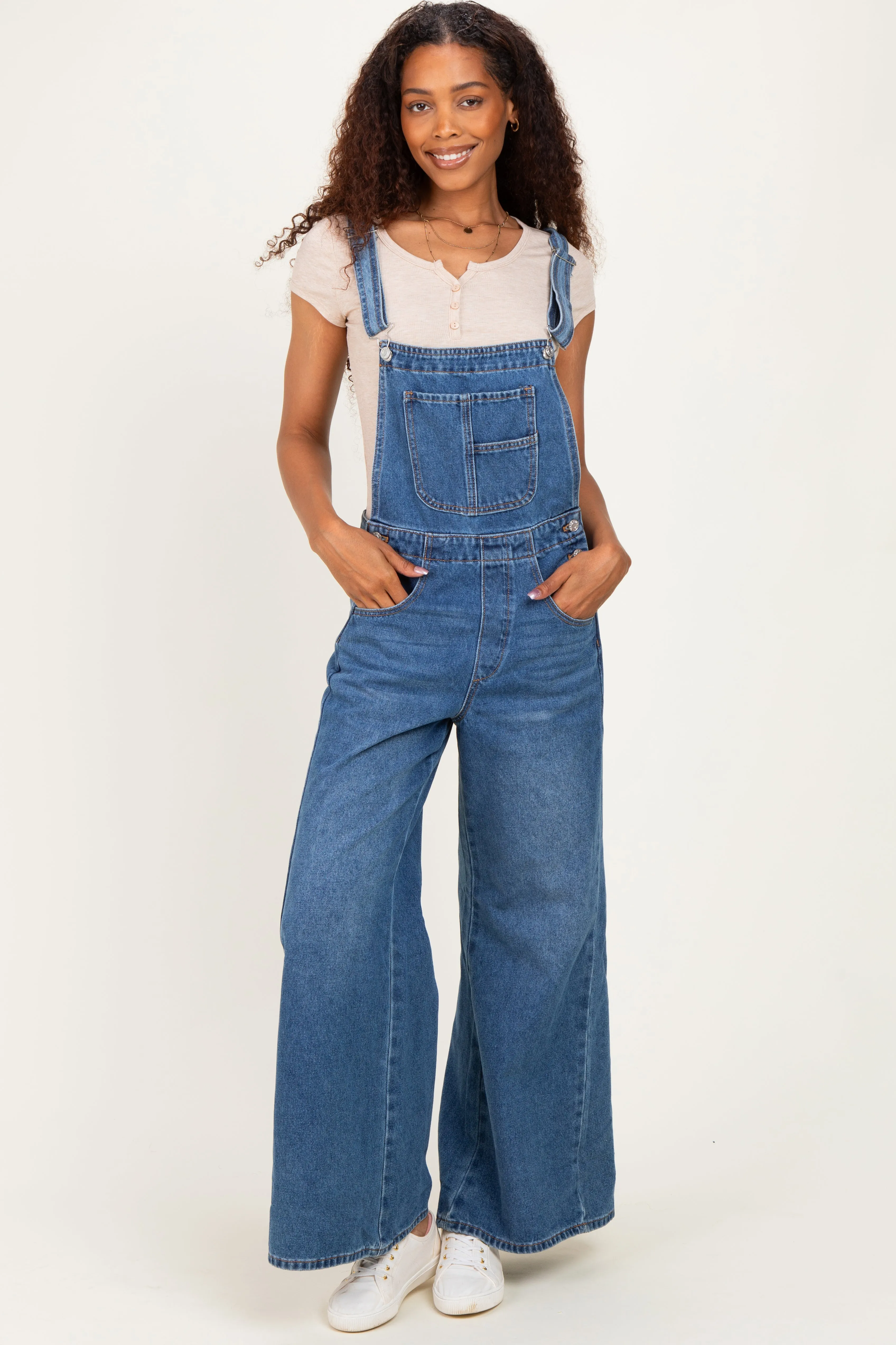 Denim Blue Wide-Leg Overalls sold by Pinkblush
