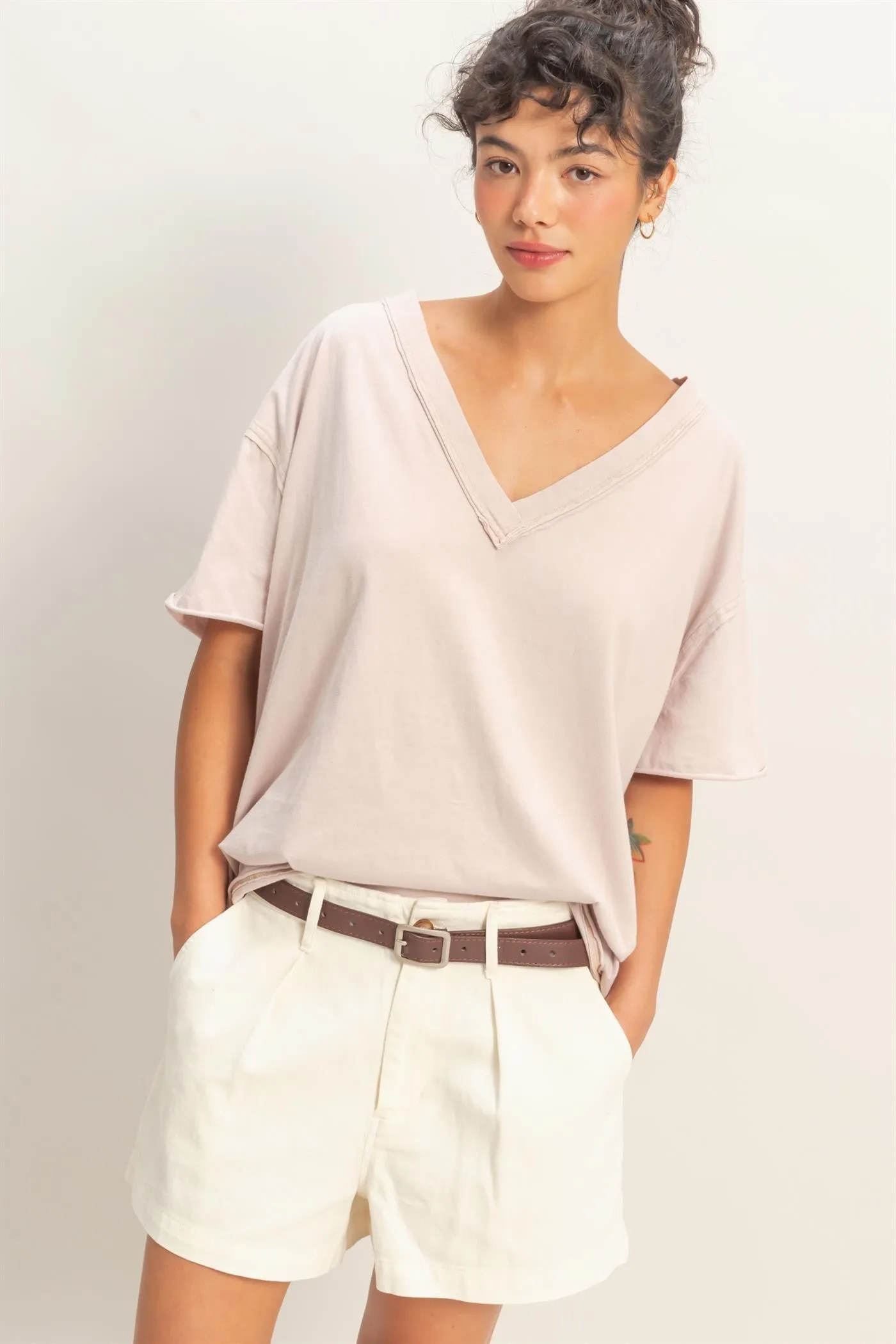 Beige Washed V-Neck Oversized Maternity Tee sold by Pinkblush product image thumbnail 3