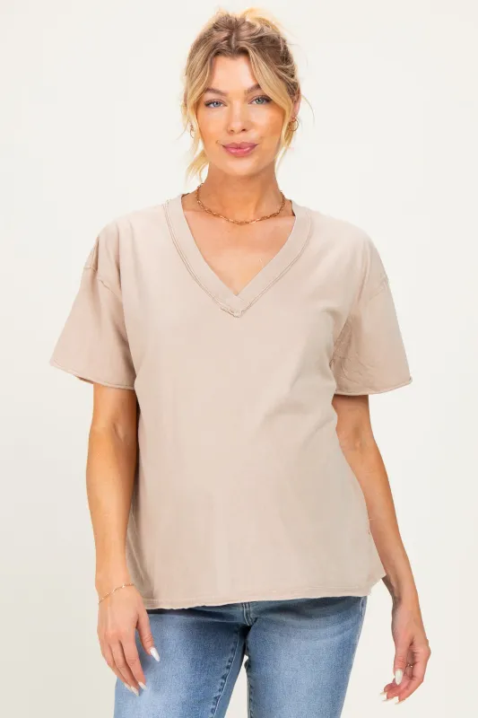 Beige Washed V-Neck Oversized Maternity Tee made by HYFVE