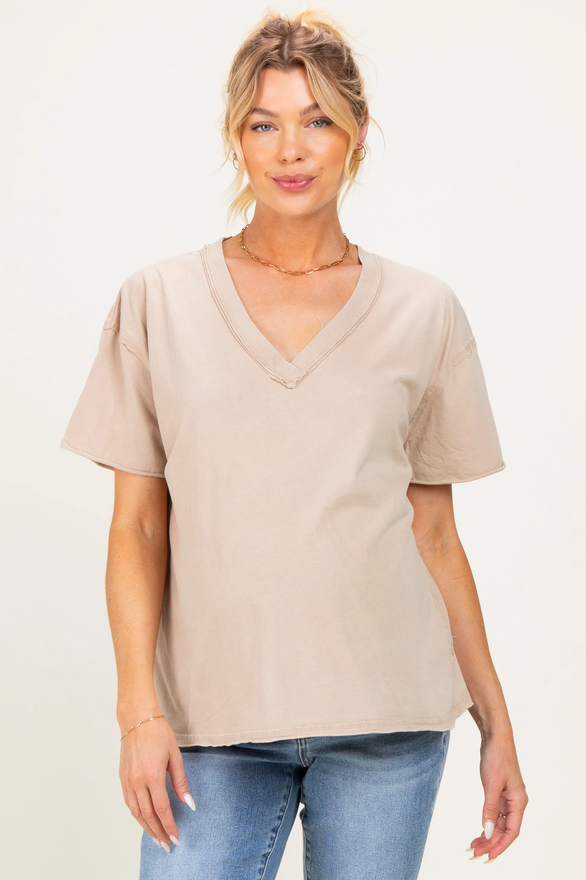Beige Washed V-Neck Oversized Maternity Tee sold by Pinkblush