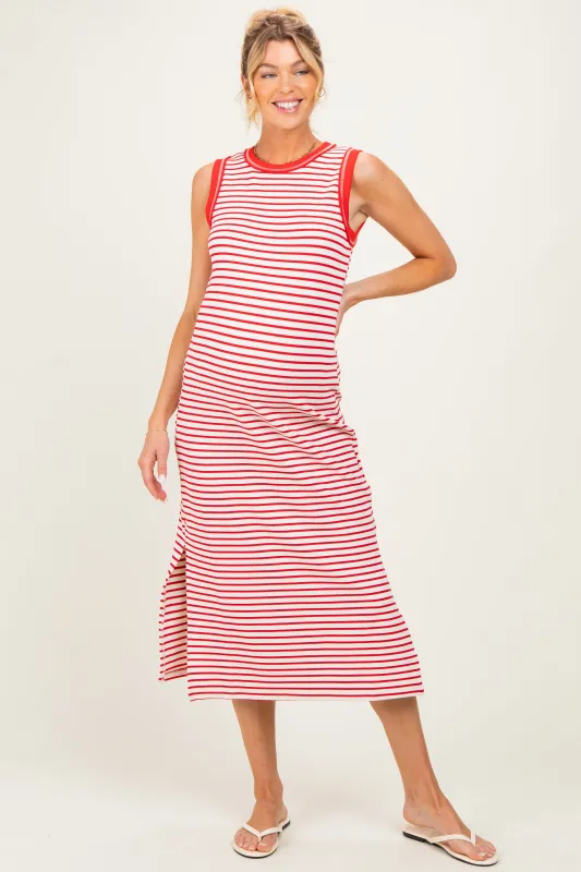 Red Striped Solid Trim Sleeveless Maternity Midi Dress made by Blu Pepper